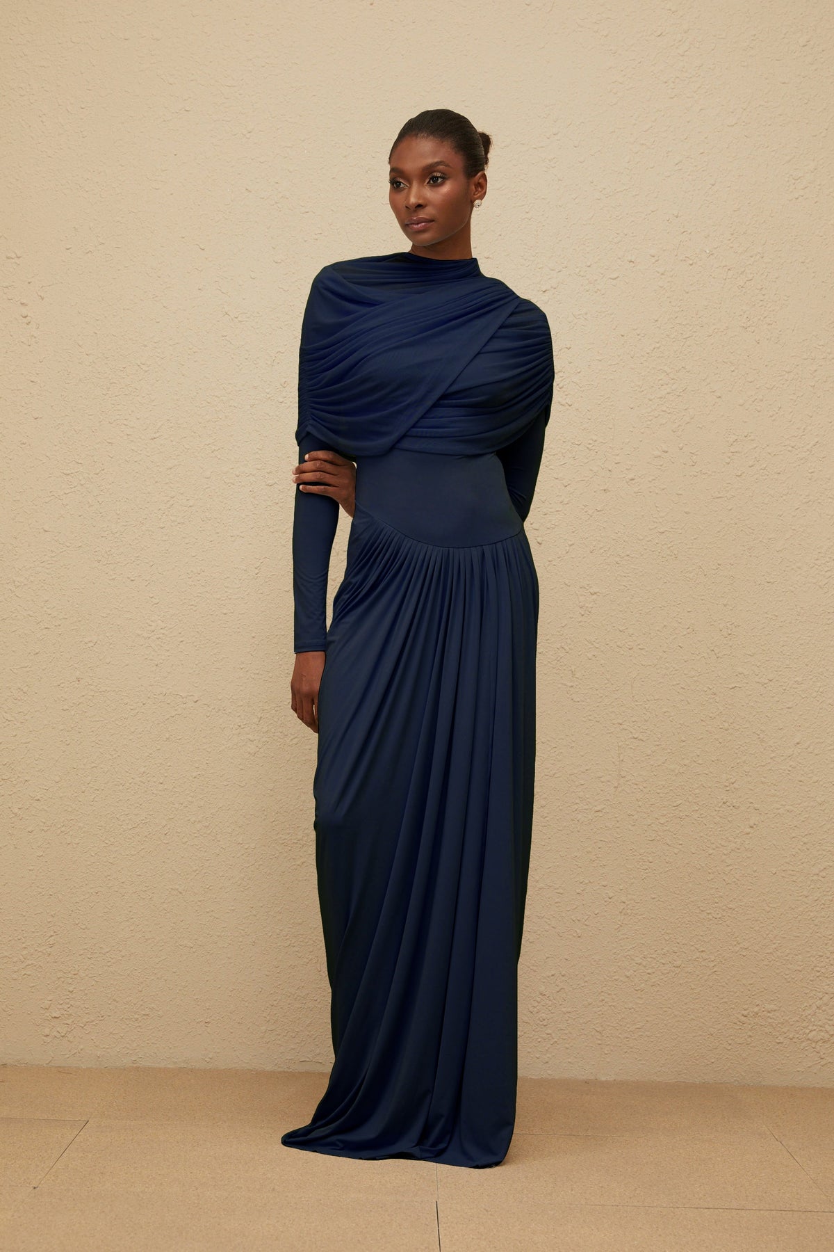 Catherine Navy-Blue Asymmetrical Pleated Long-Sleeve Maxi Dress (Final Sale-US Only)