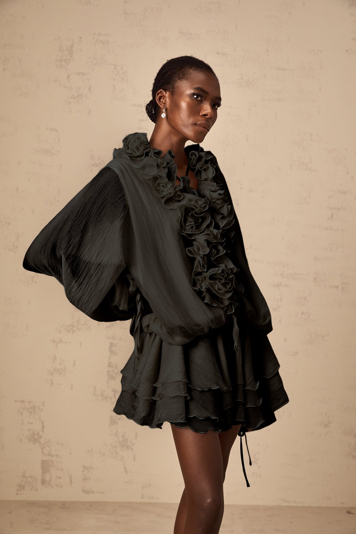 Zéphyrine floral-appliqué tiered mini dress in Black