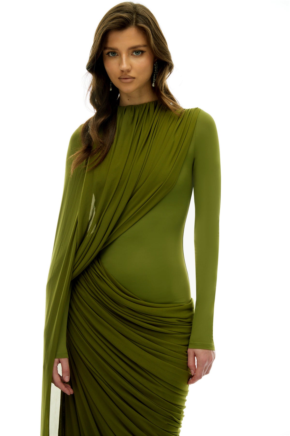 Emilia Green Asymmetrical Ribbon Draped Maxi Dress (Final Sale-US Only)