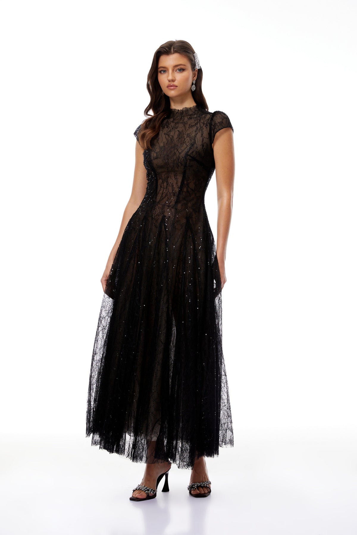 Velia Black Lace Glitter Tulle Maxi Gown