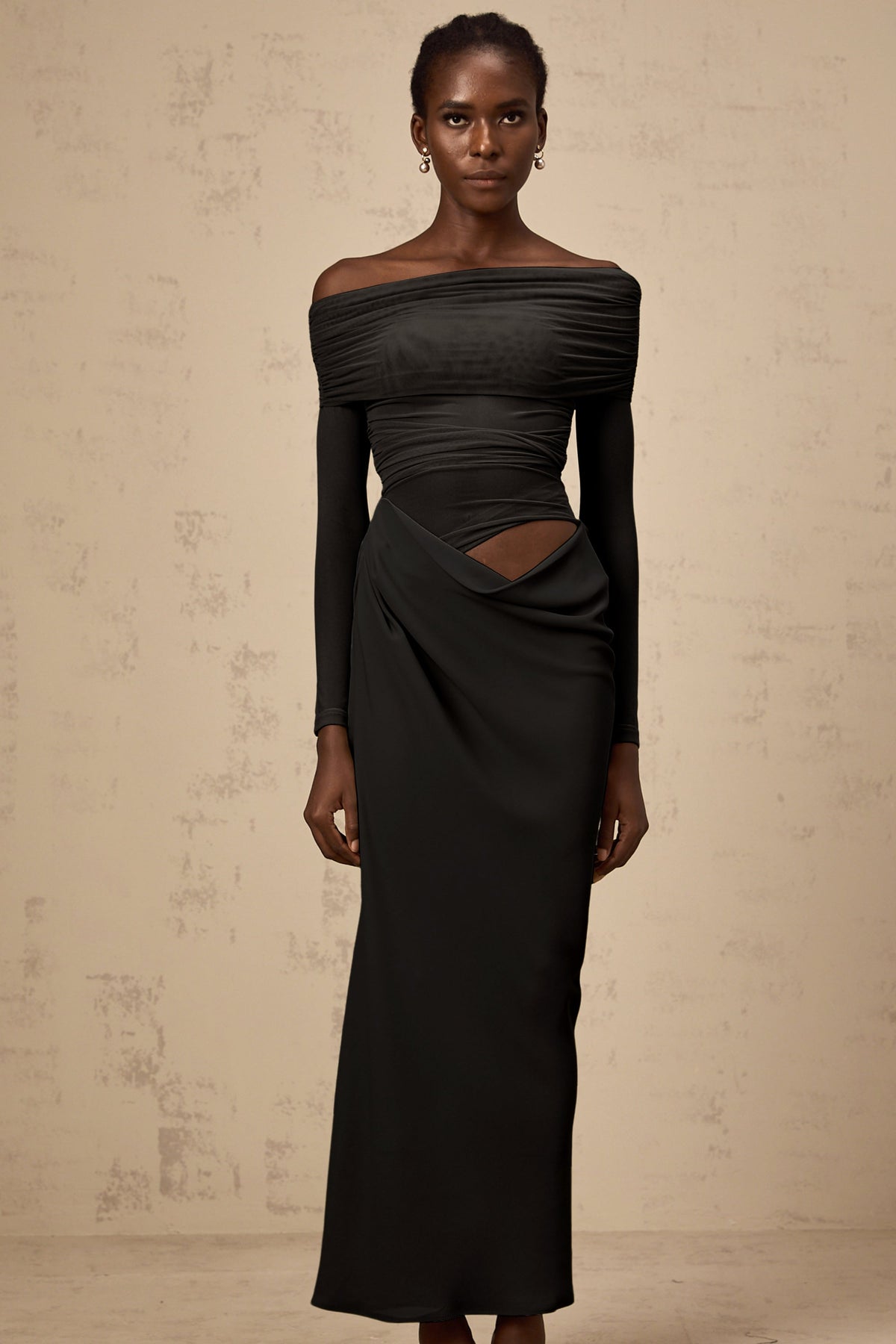Estelle off-shoulder semi-sheer midi dress in Black (Final Sale)