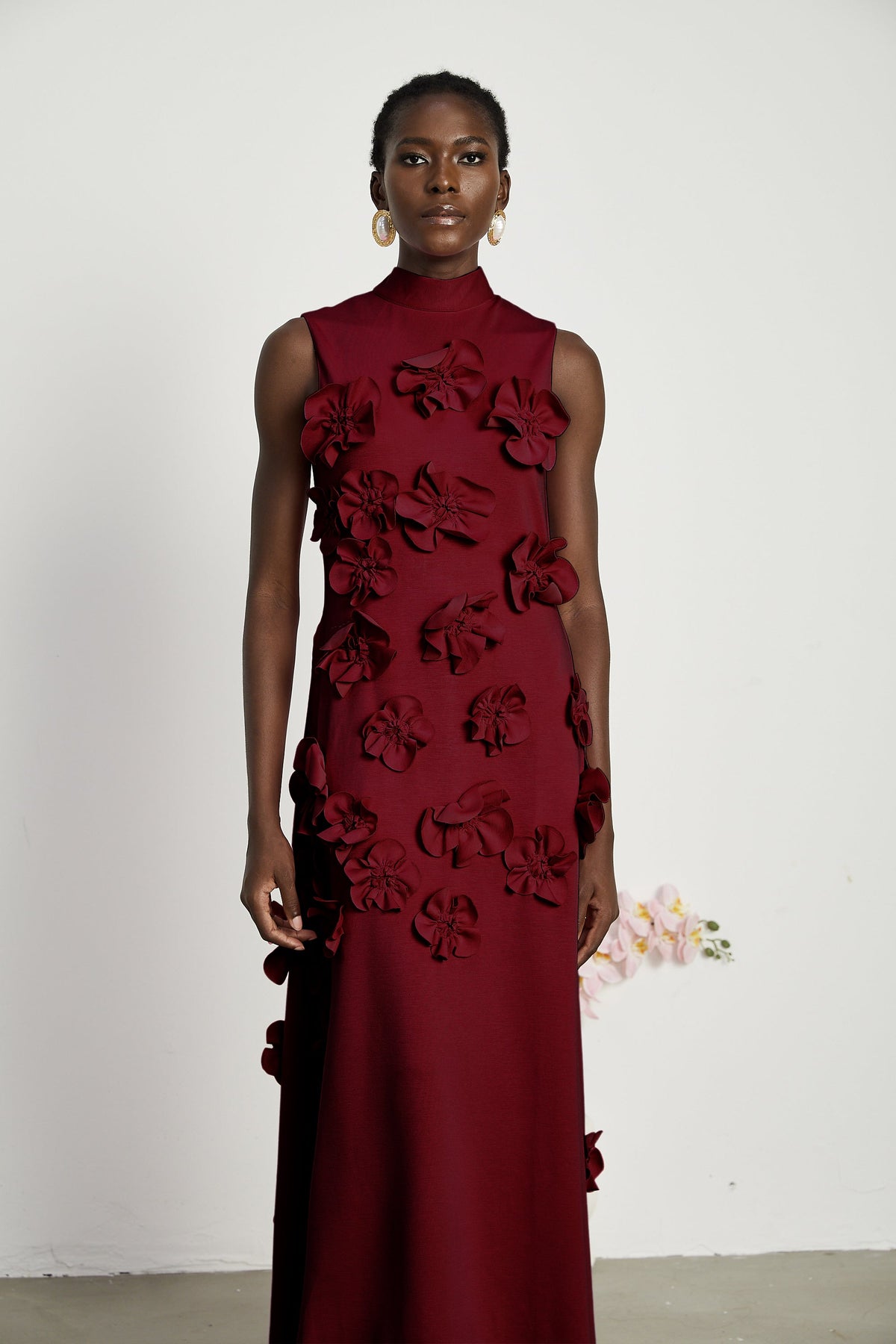 Magali Red Sleeveless Maxi Dress with Faux Flower & Bow-Tie Embellishment (Final Sale-US Only)