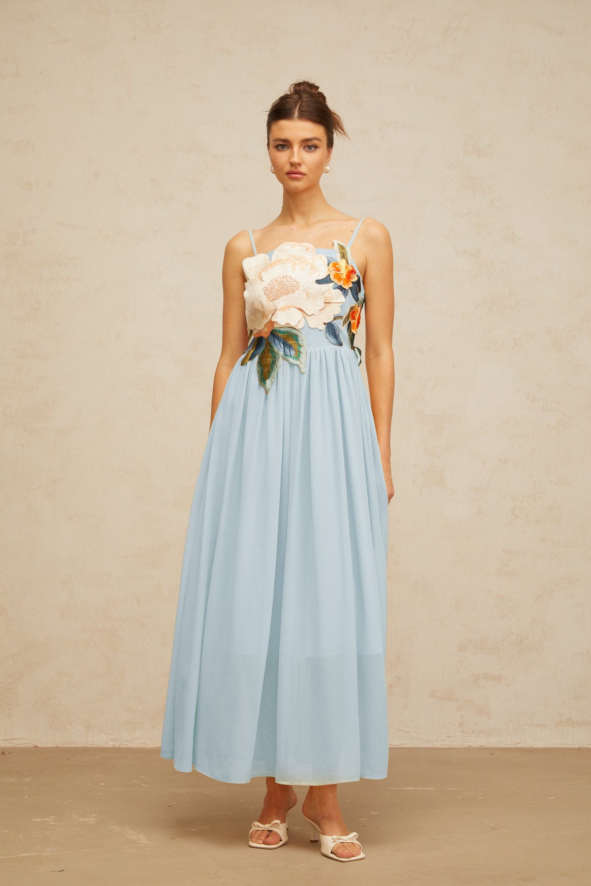 Josette floral-embroidered shirred maxi dress in Blue