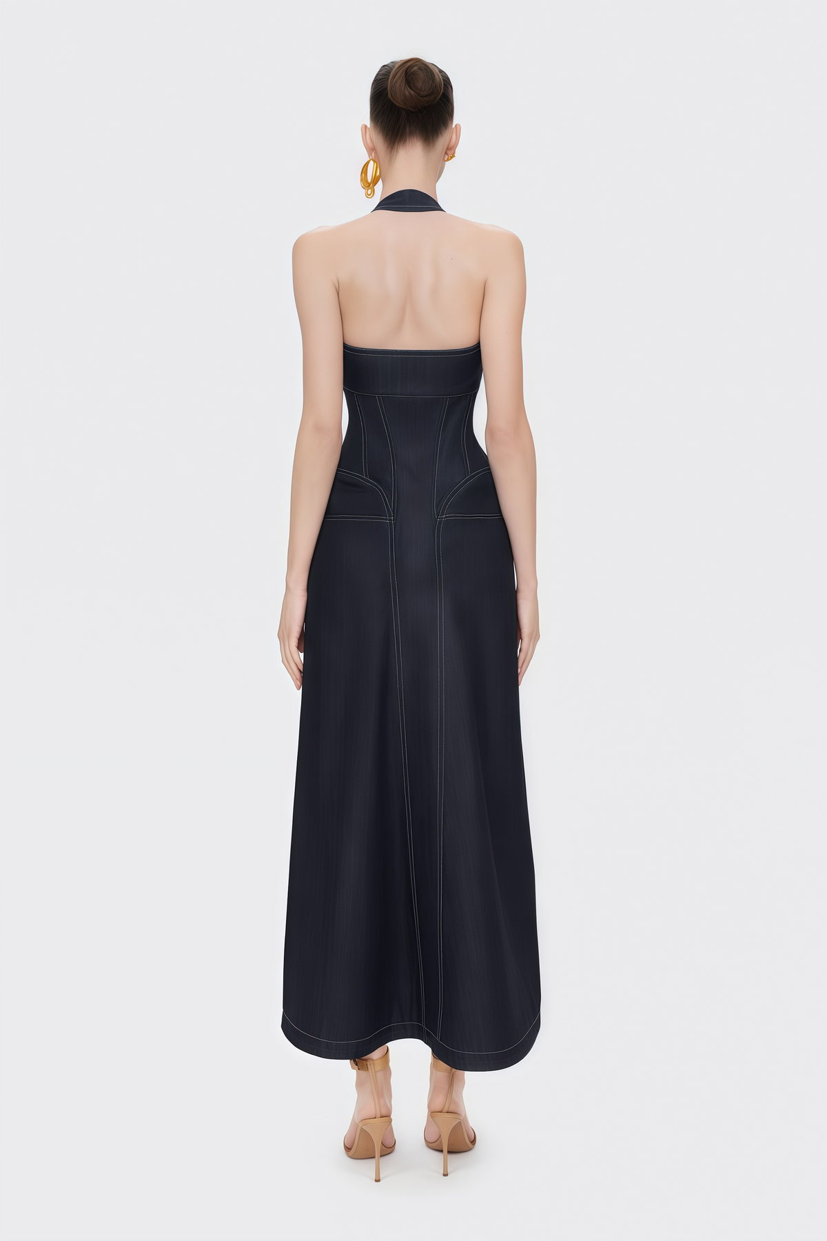 Adrienne black denim front-slit contrast-stitching maxi dress (Final Sale-US Only)