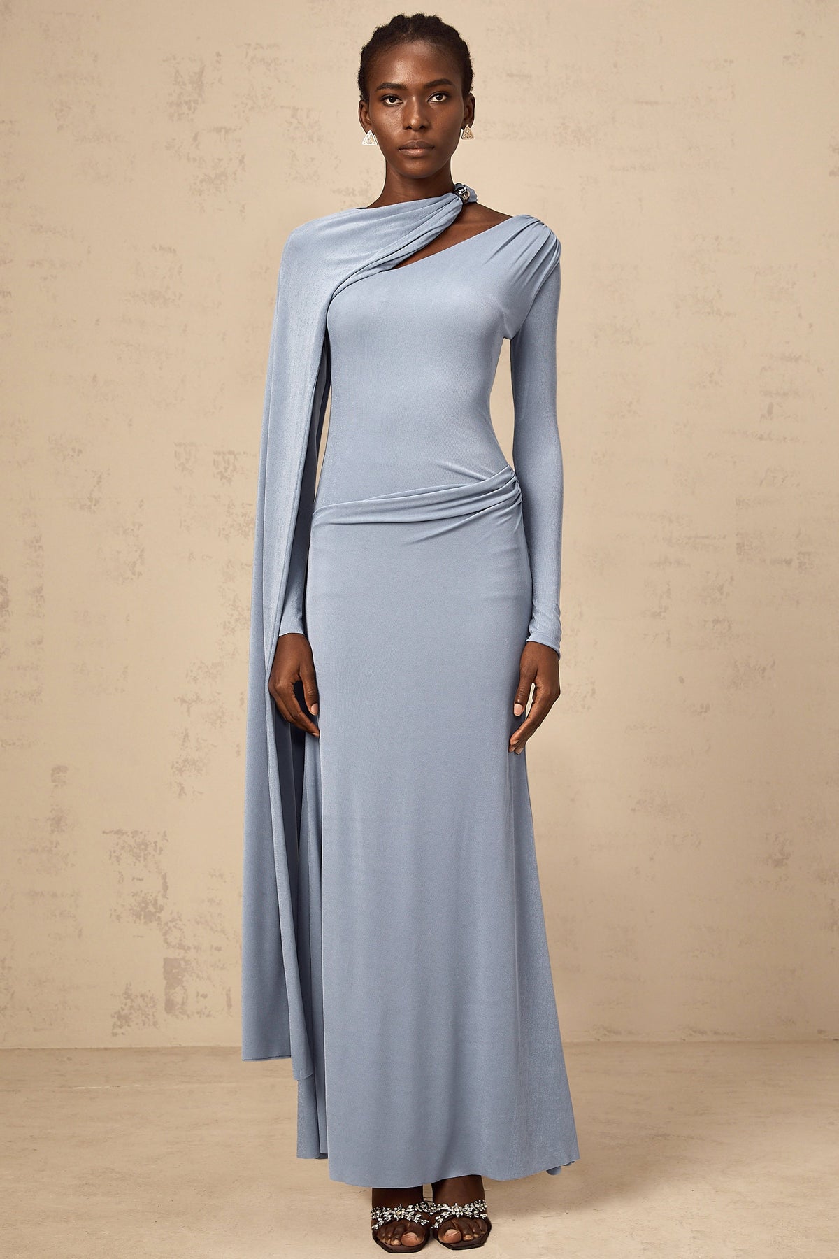 Josette Blue Diagonal Shawl Fitted Maxi Dress (Final Sale-US Only)