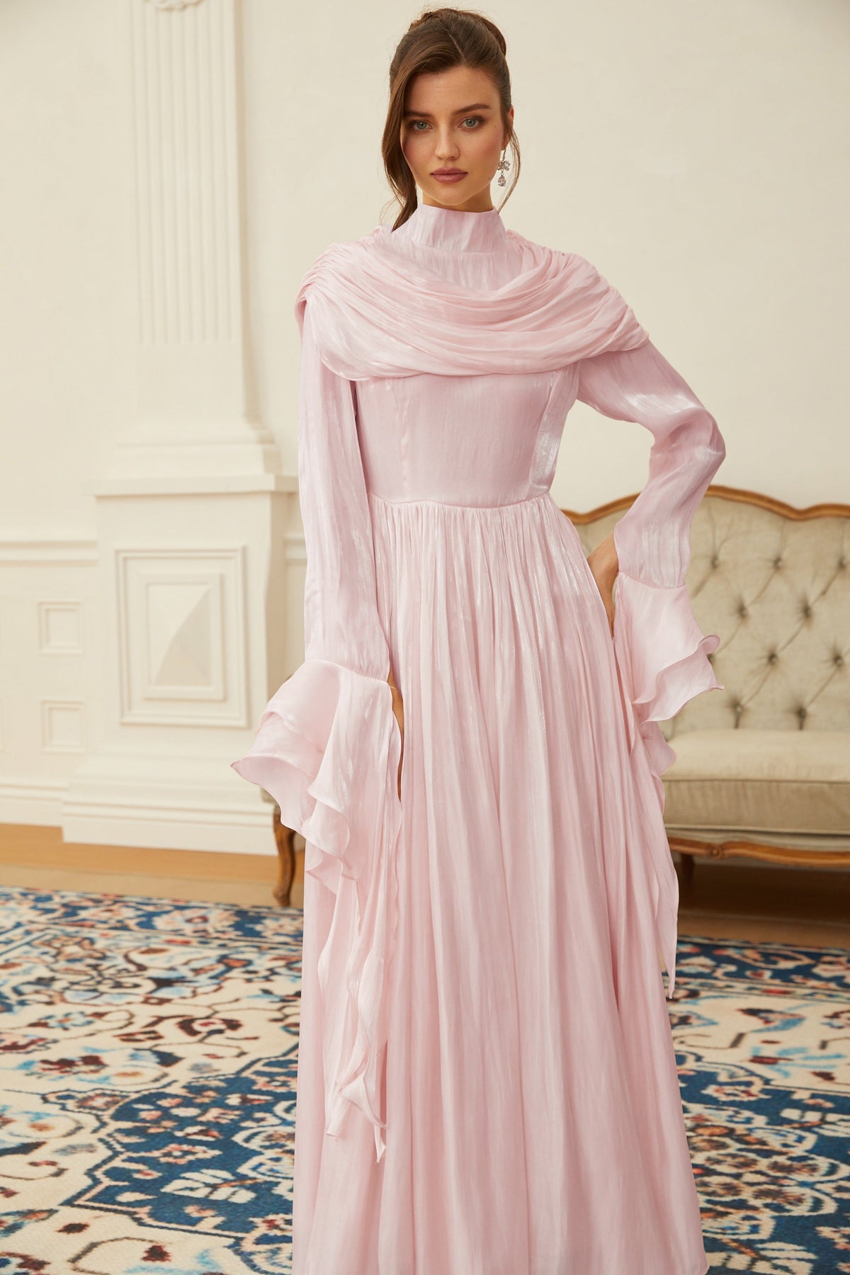 Danuta Pink Ruched Pleated Maxi Dress