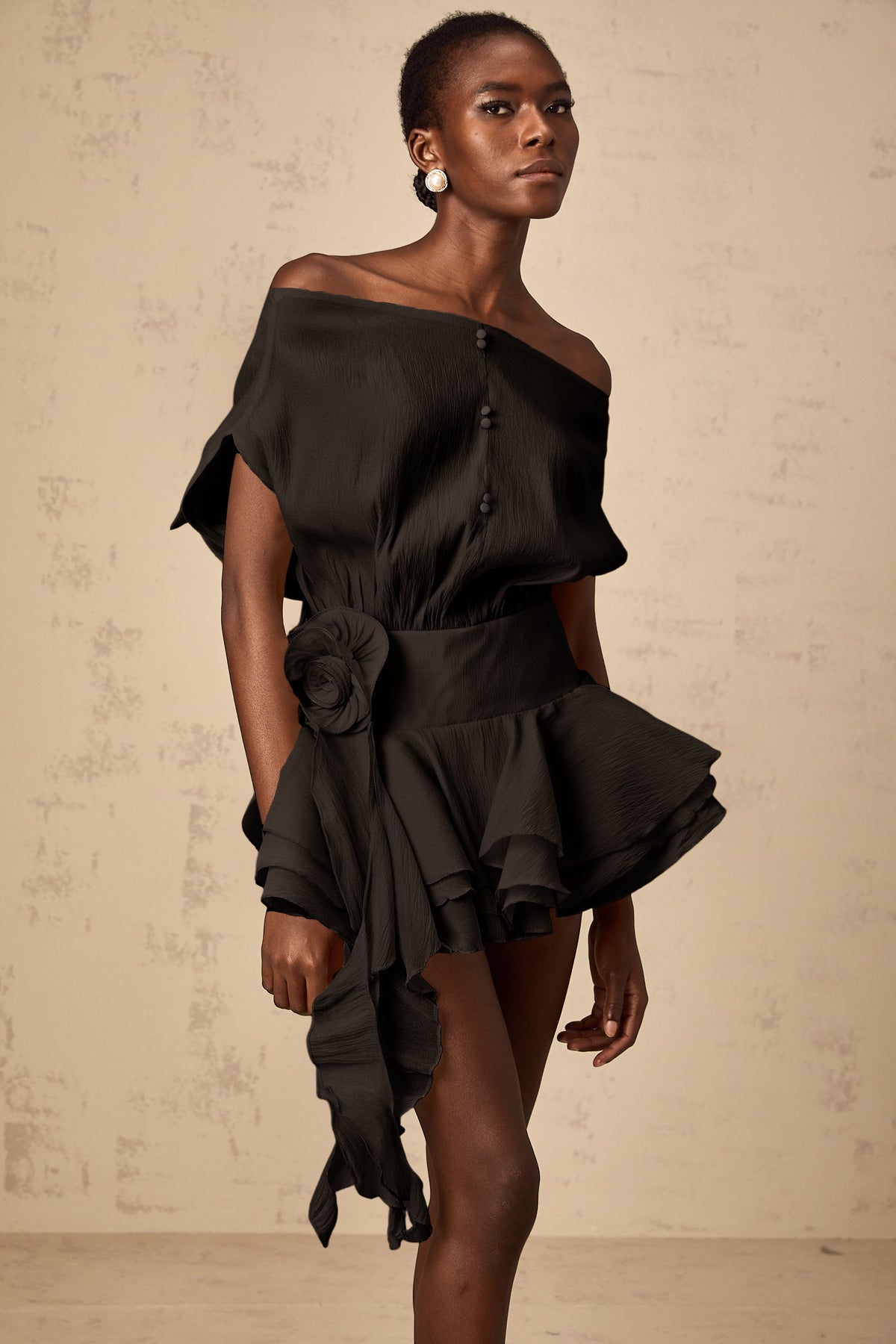 Amélie Black Floral Appliqué Flounced Mini Dress