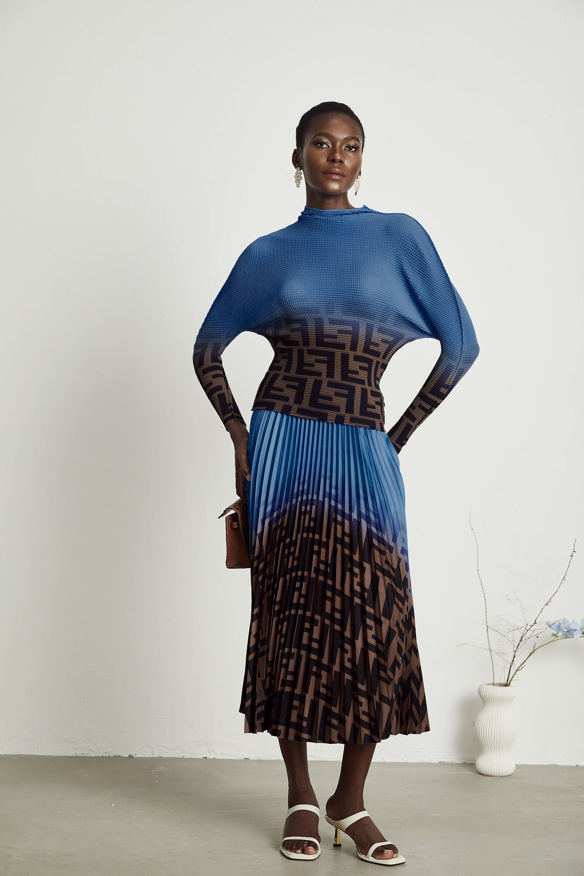 Désirée Color Block Pleated Top & Skirt Matching Set in Dark Blue