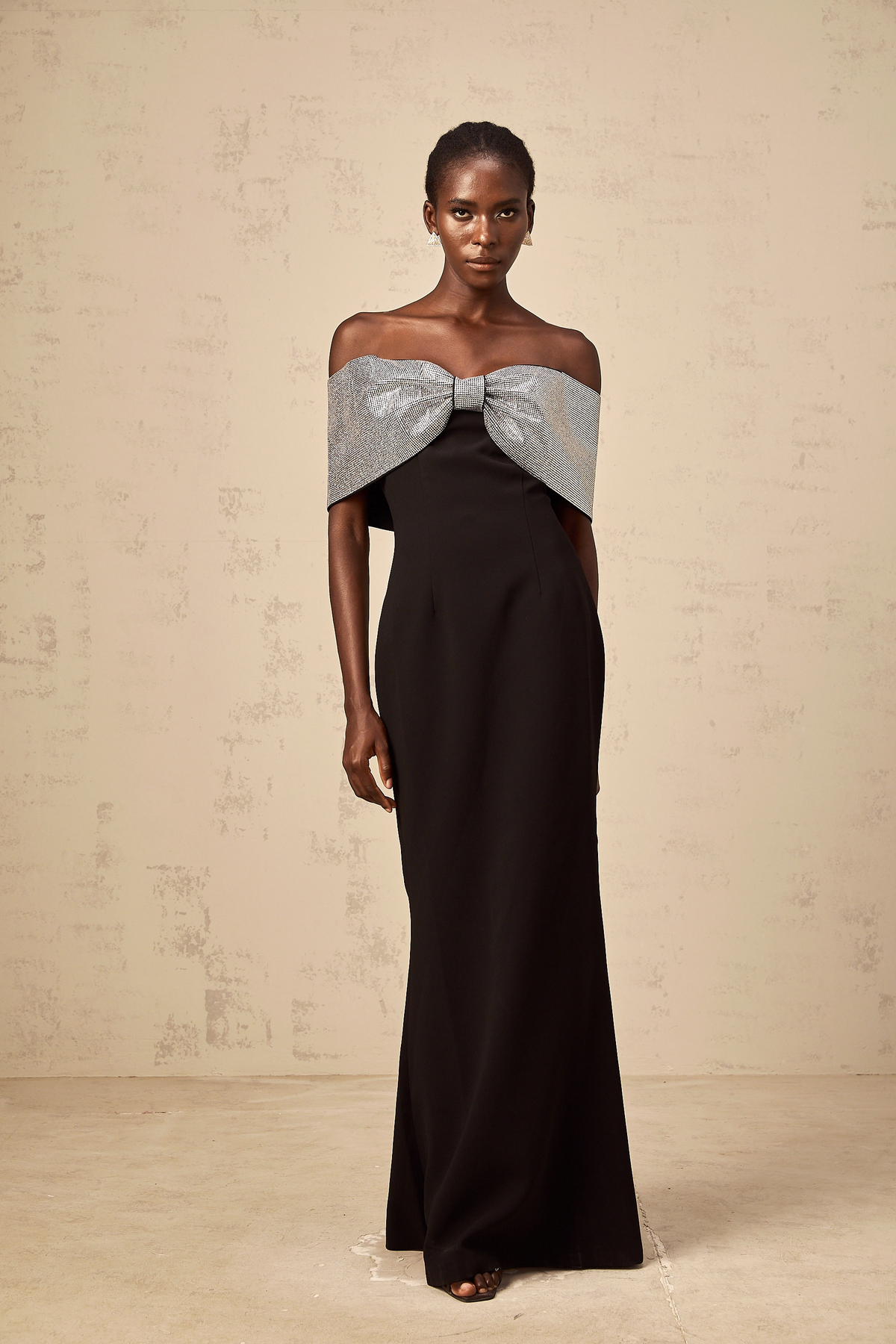 Chloé black rhinestone-bow off-shoulder maxi dress