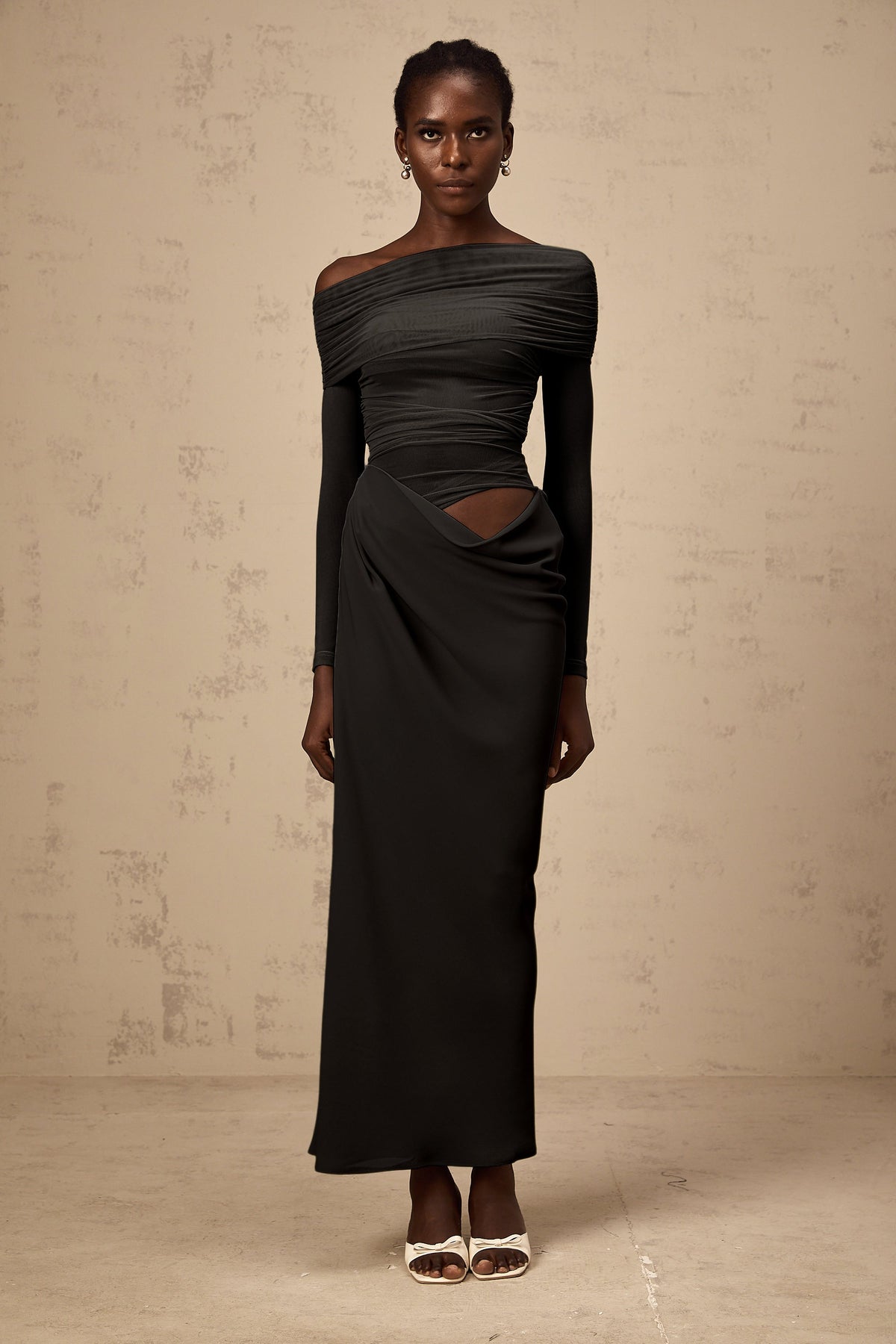 Estelle off-shoulder semi-sheer midi dress in Black