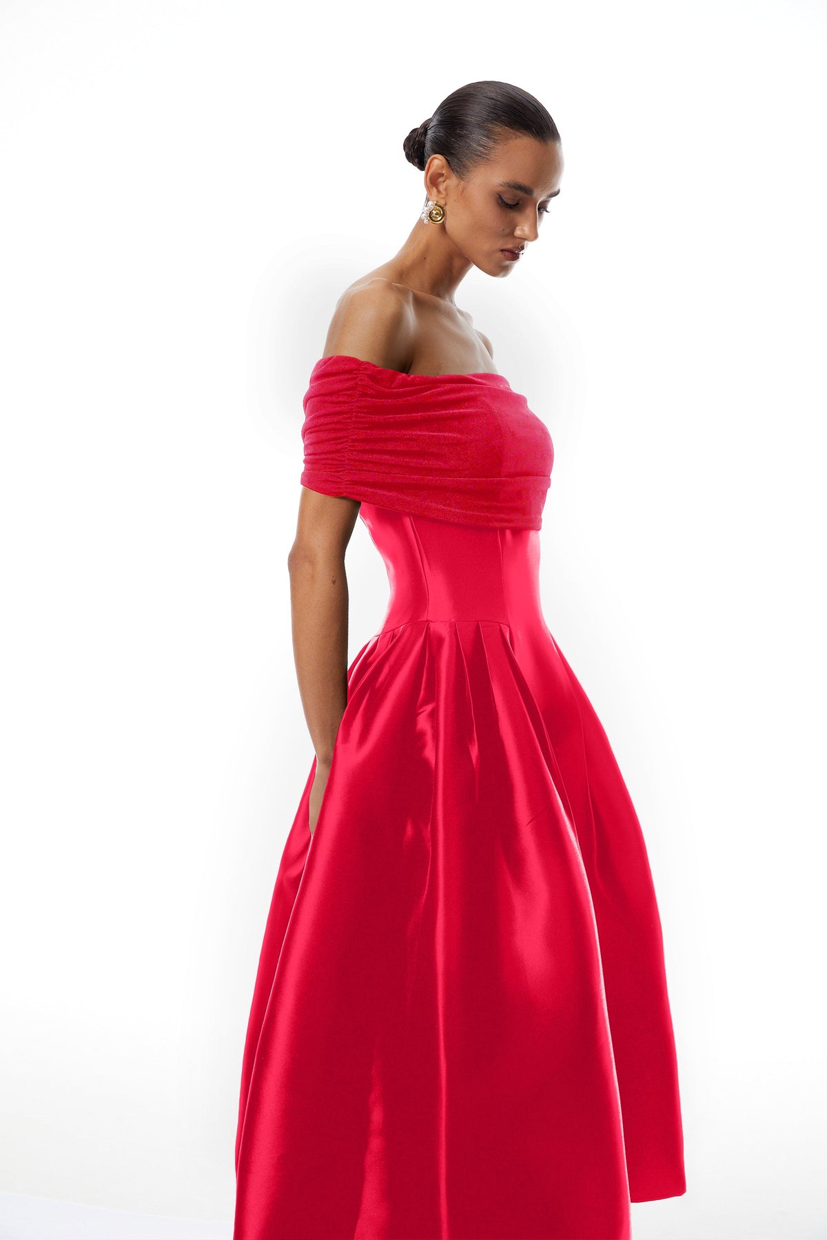 Ainara Red Off Shoulder Polished Midi Dress