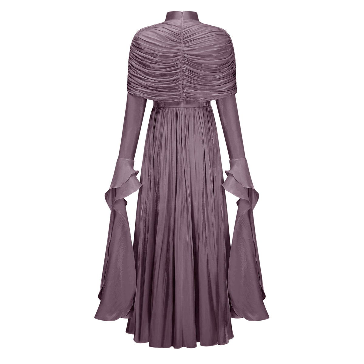 Gustave Purple Ruched Cape Ruffled Maxi Dress