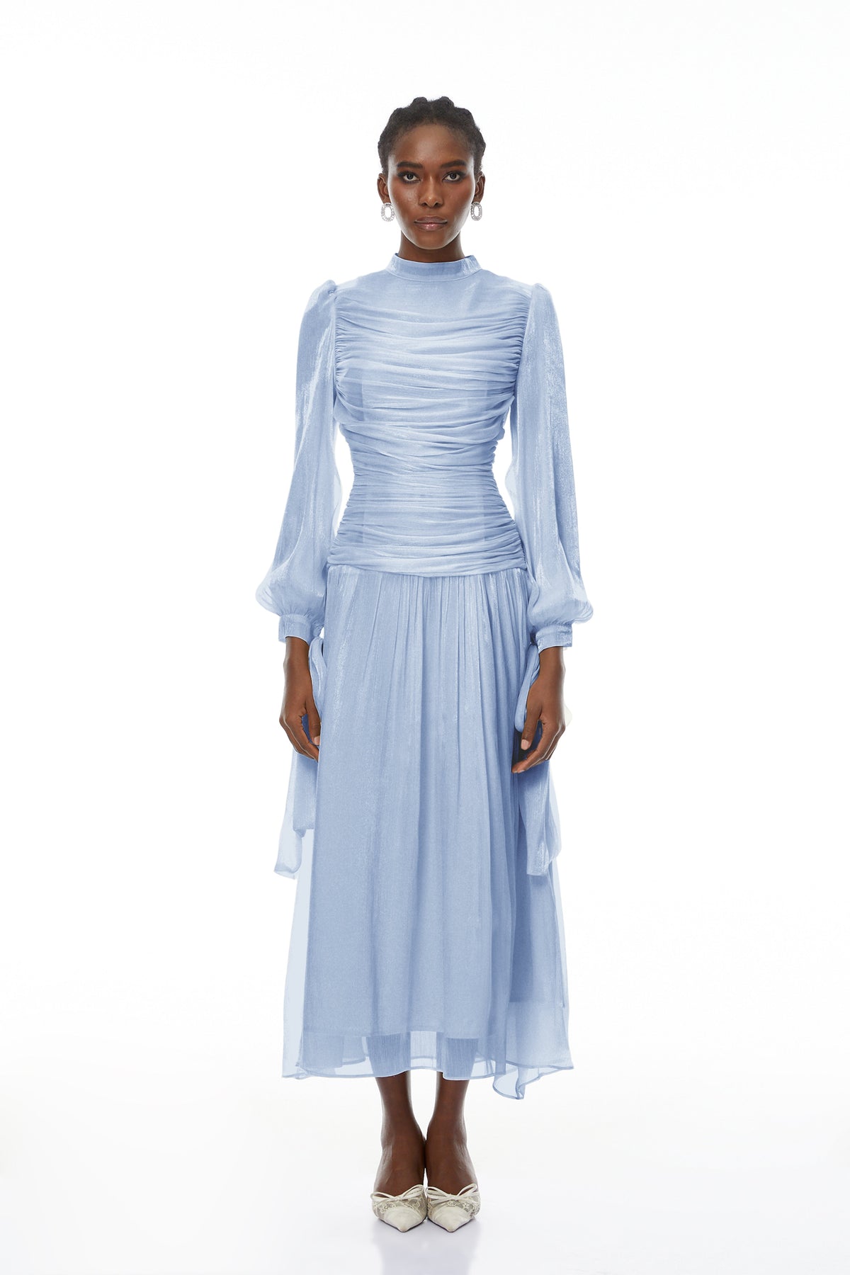 Katrín Blue Glossy Gathered Maxi Dress