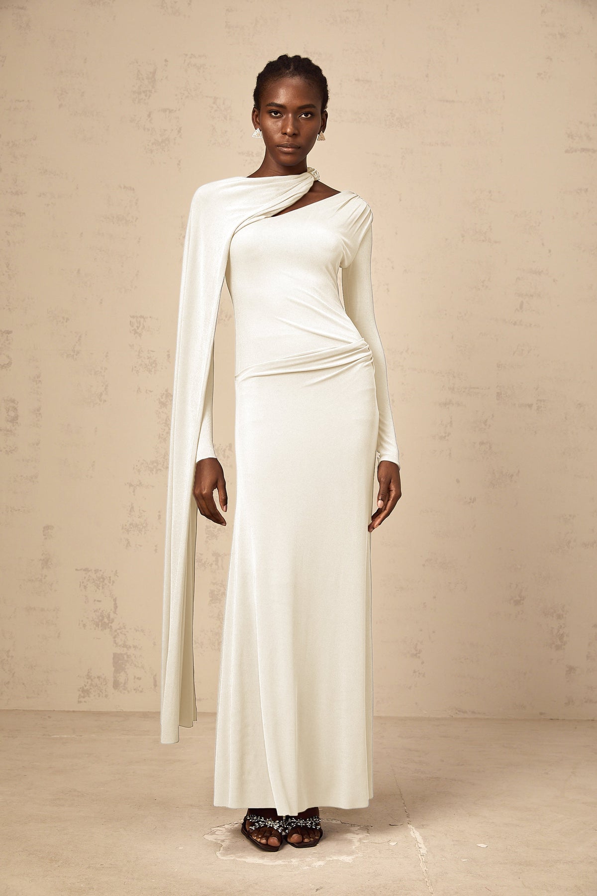 Josette White Diagonal Shawl Fitted Maxi Dress