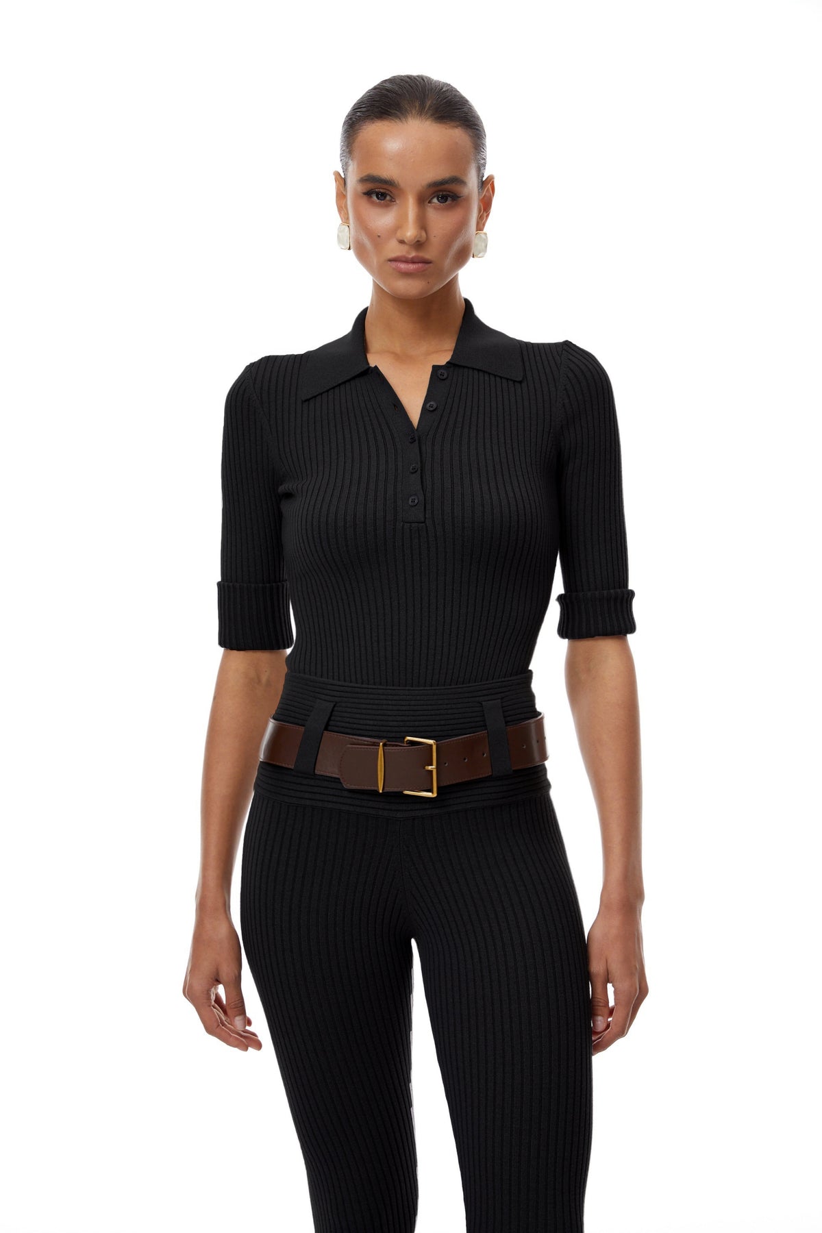 Claire Black Ribbed Knit Bodysuit & Trousers Set (Final Sale)