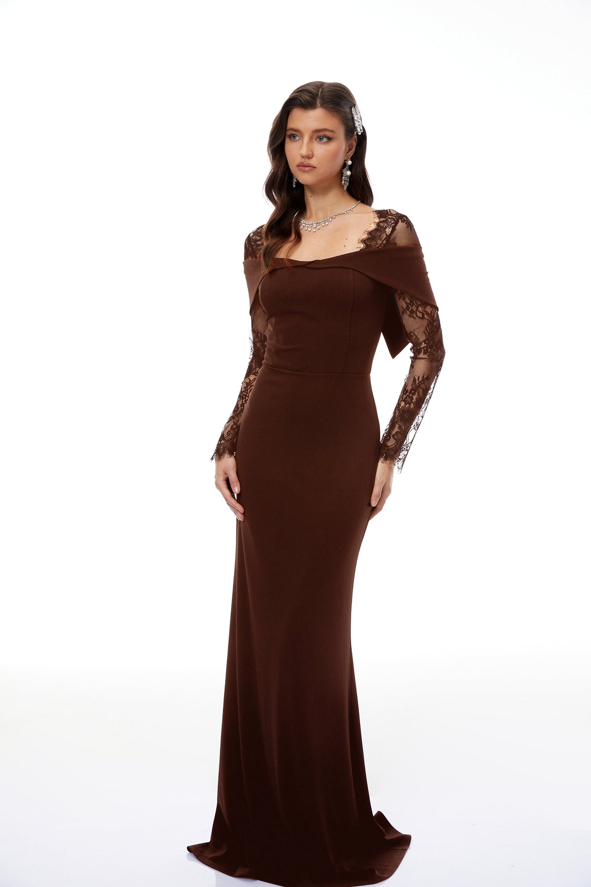 Georgiana Brown Lace Panel Flared Maxi Gown