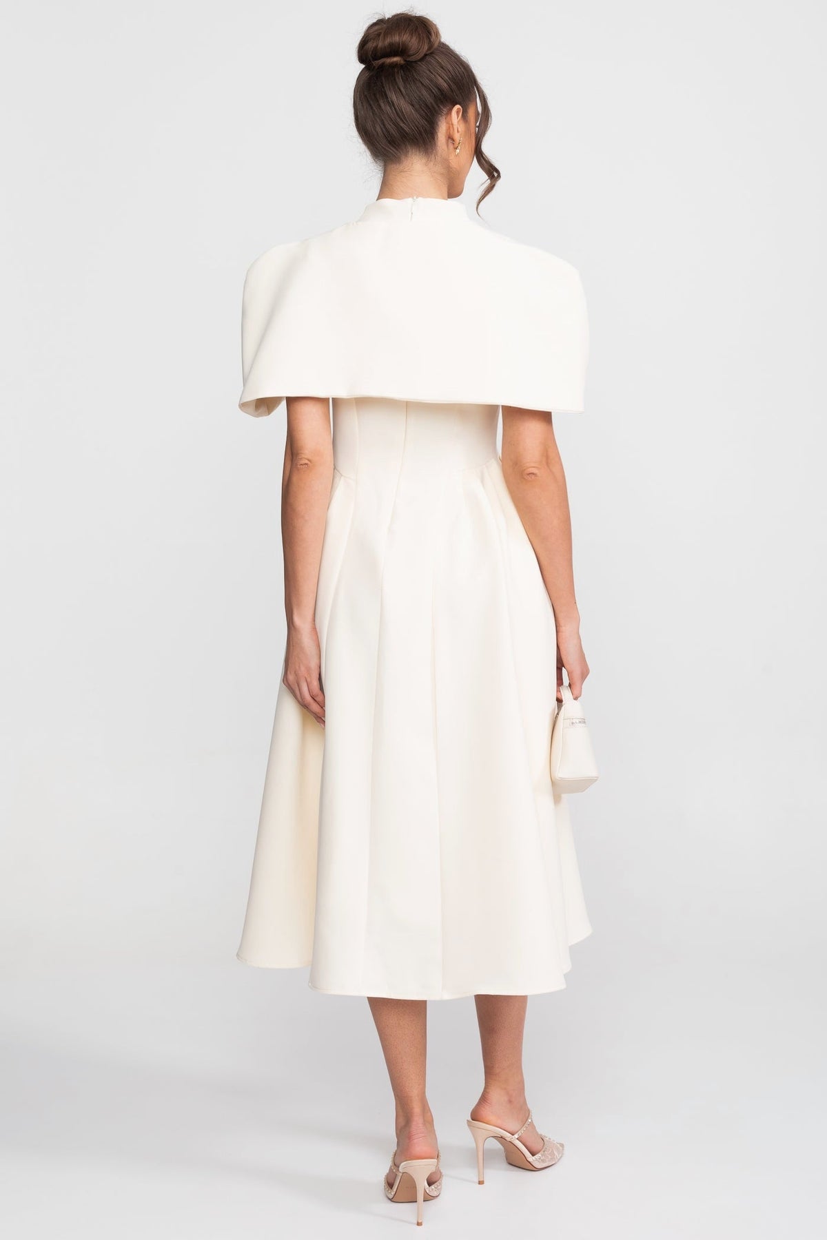 A-Line Midi Dress With Structured Cape Shoulders - Cream