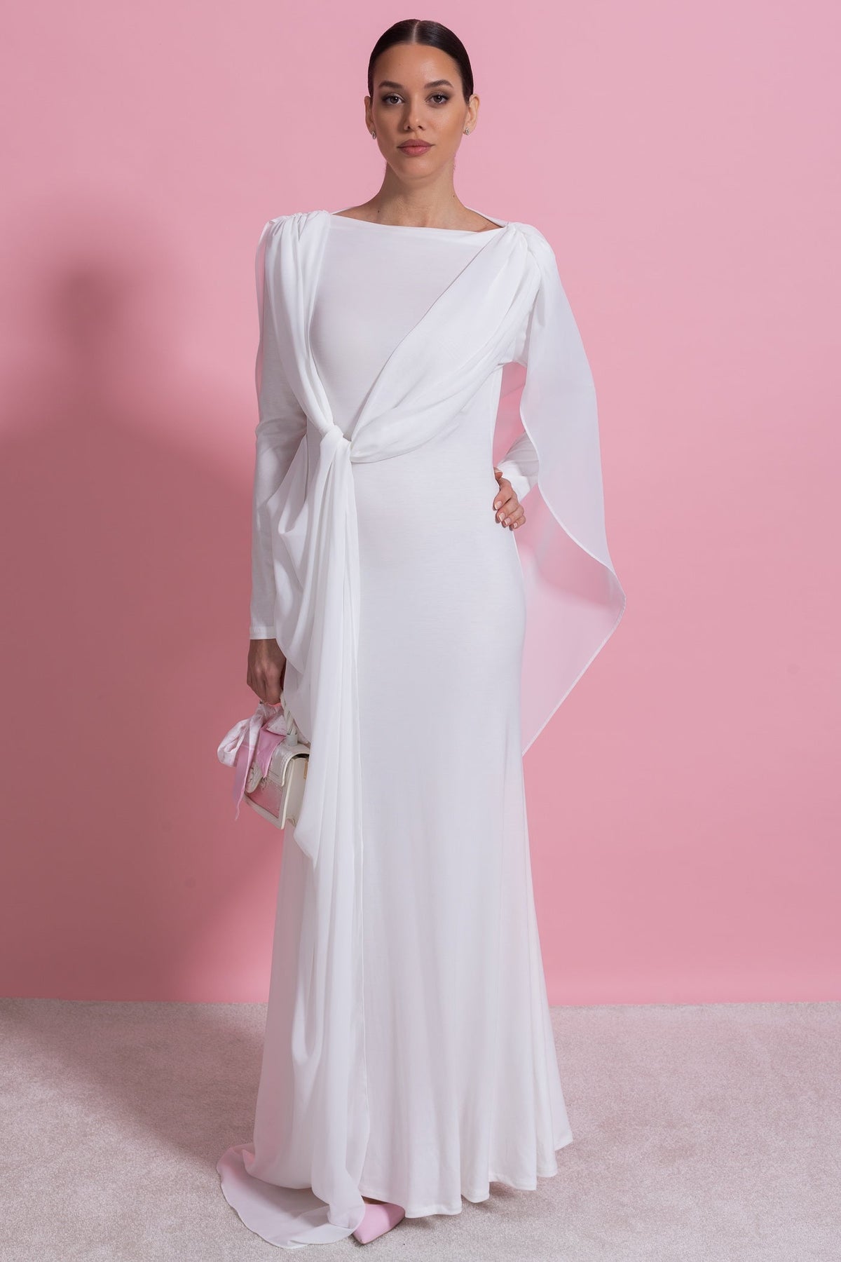 Draped Long Sleeve Maxi Dress With Cape Overlay With Knot Front Detail  - White