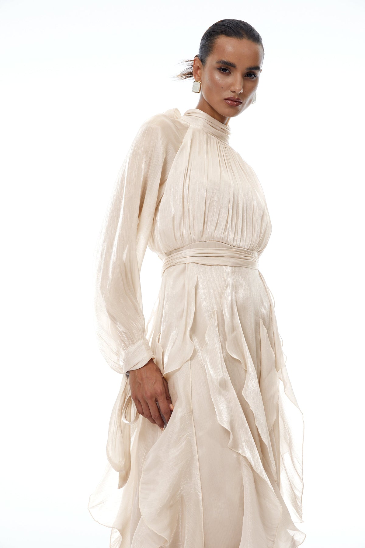 Zélie Neutral Glossy Pleated Ruffled Maxi dress (Final Sale-US Only)