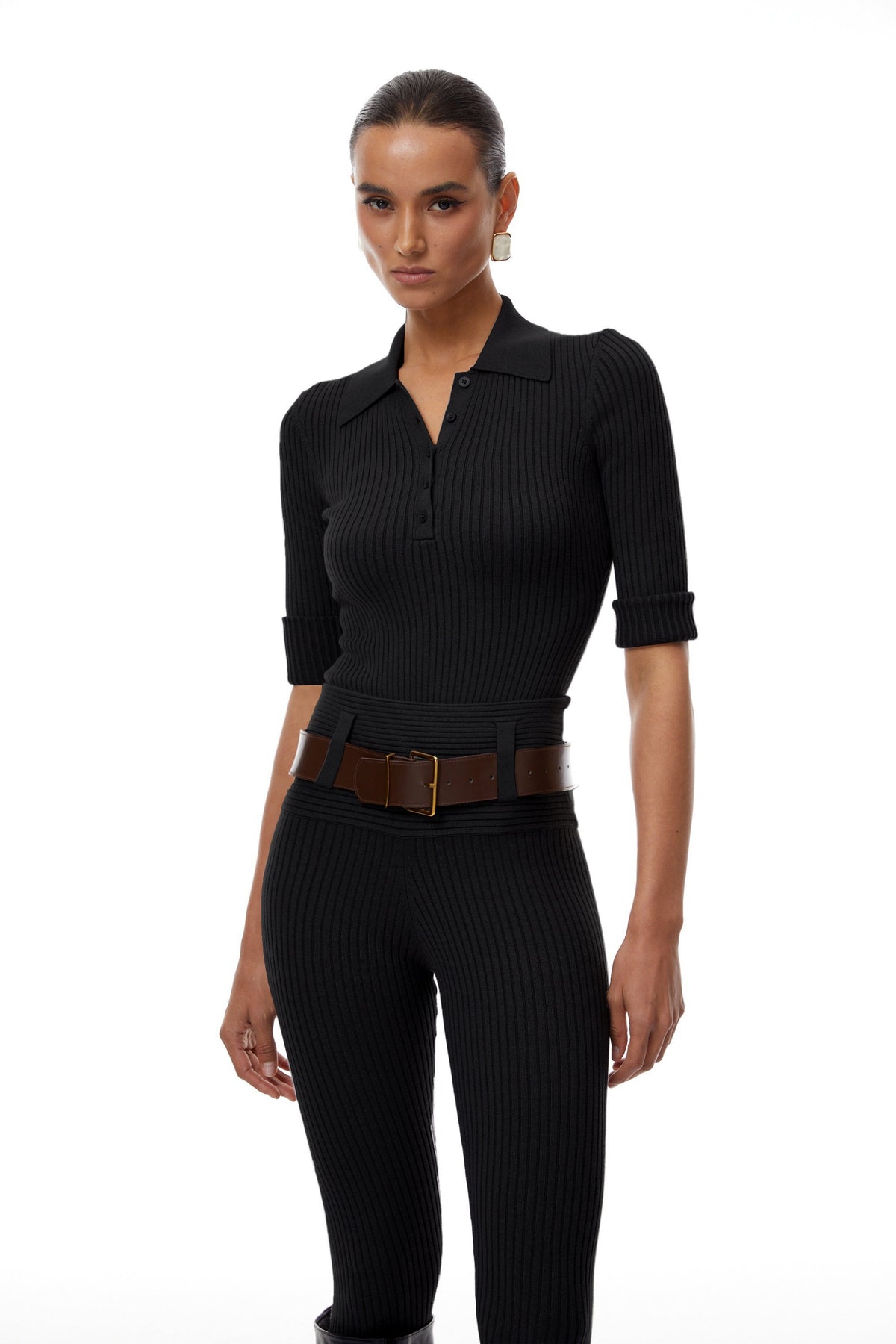 Claire Black Ribbed Knit Bodysuit & Trousers Set (Final Sale)