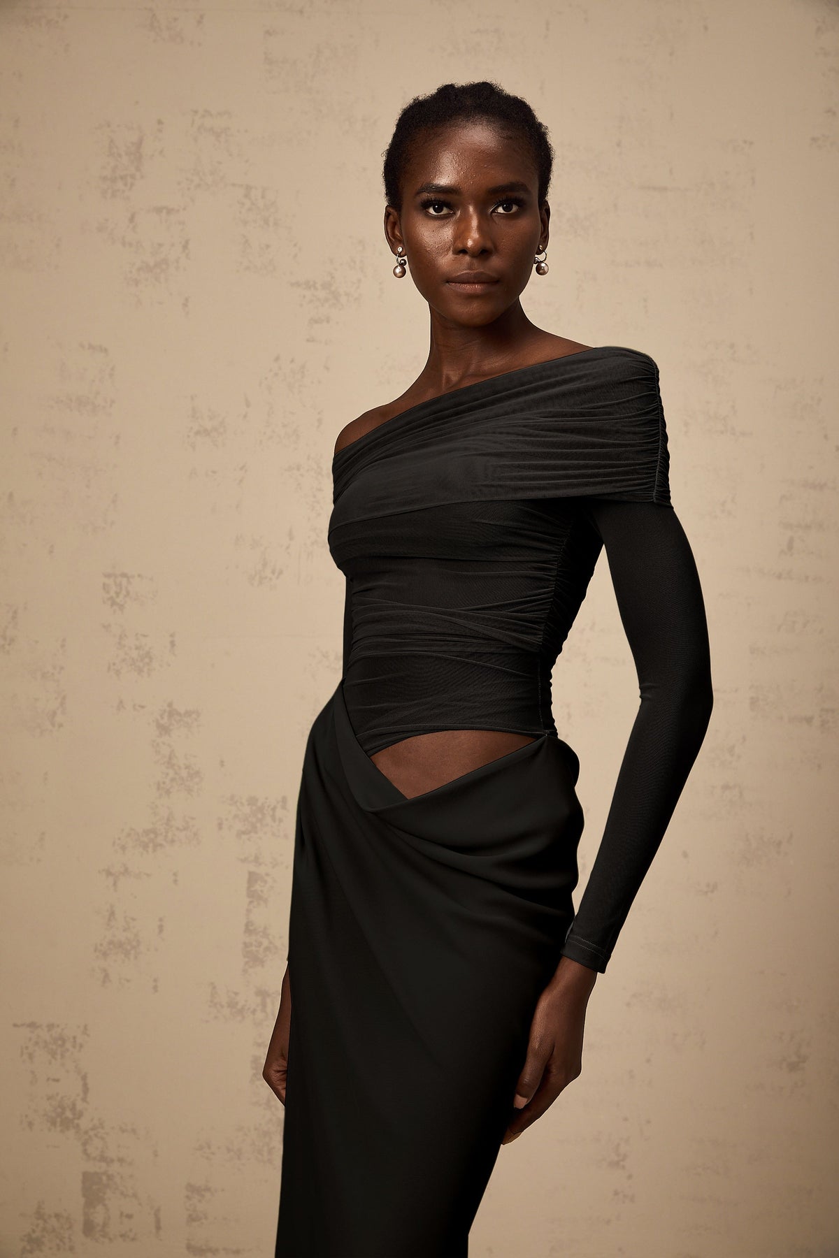 Estelle off-shoulder semi-sheer midi dress in Black (Final Sale)