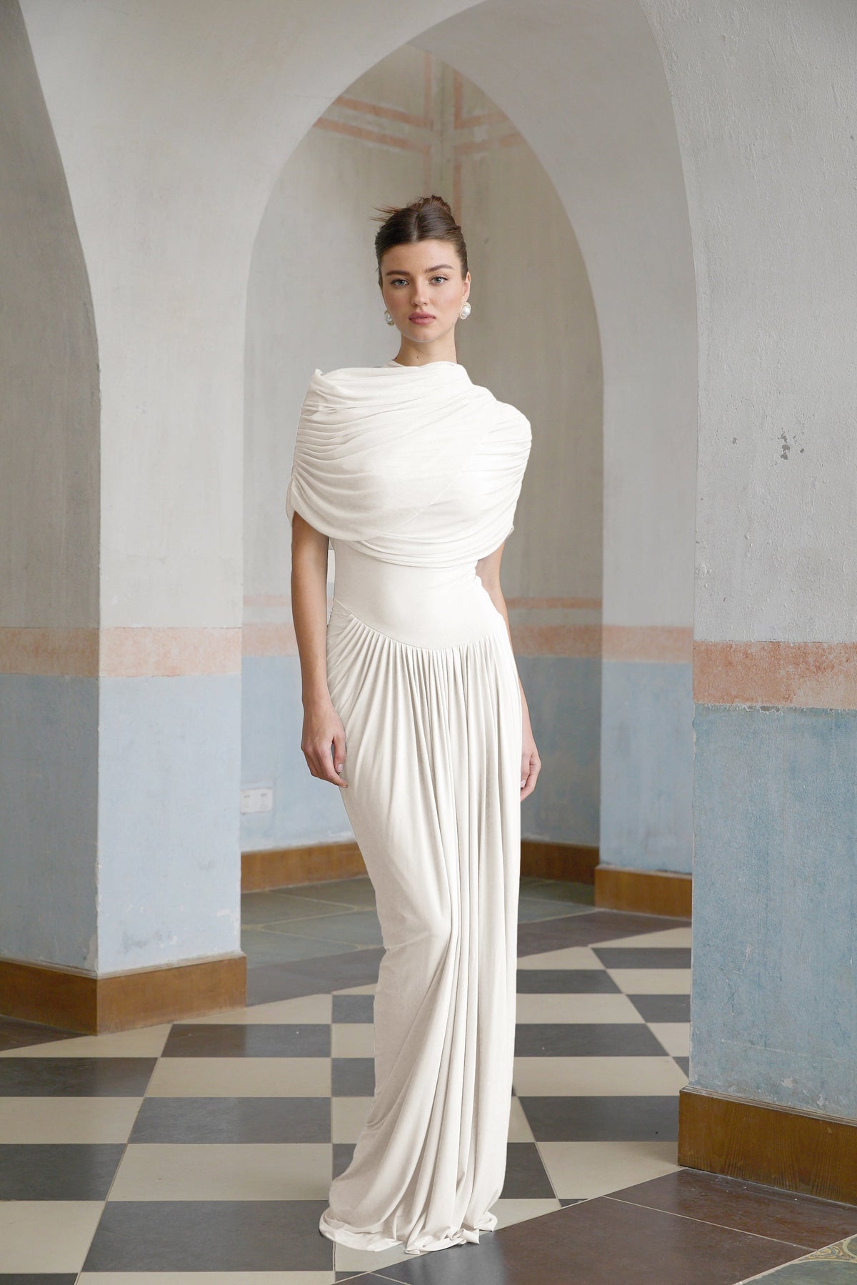 Catherine asymmetrical pleated maxi dress in White