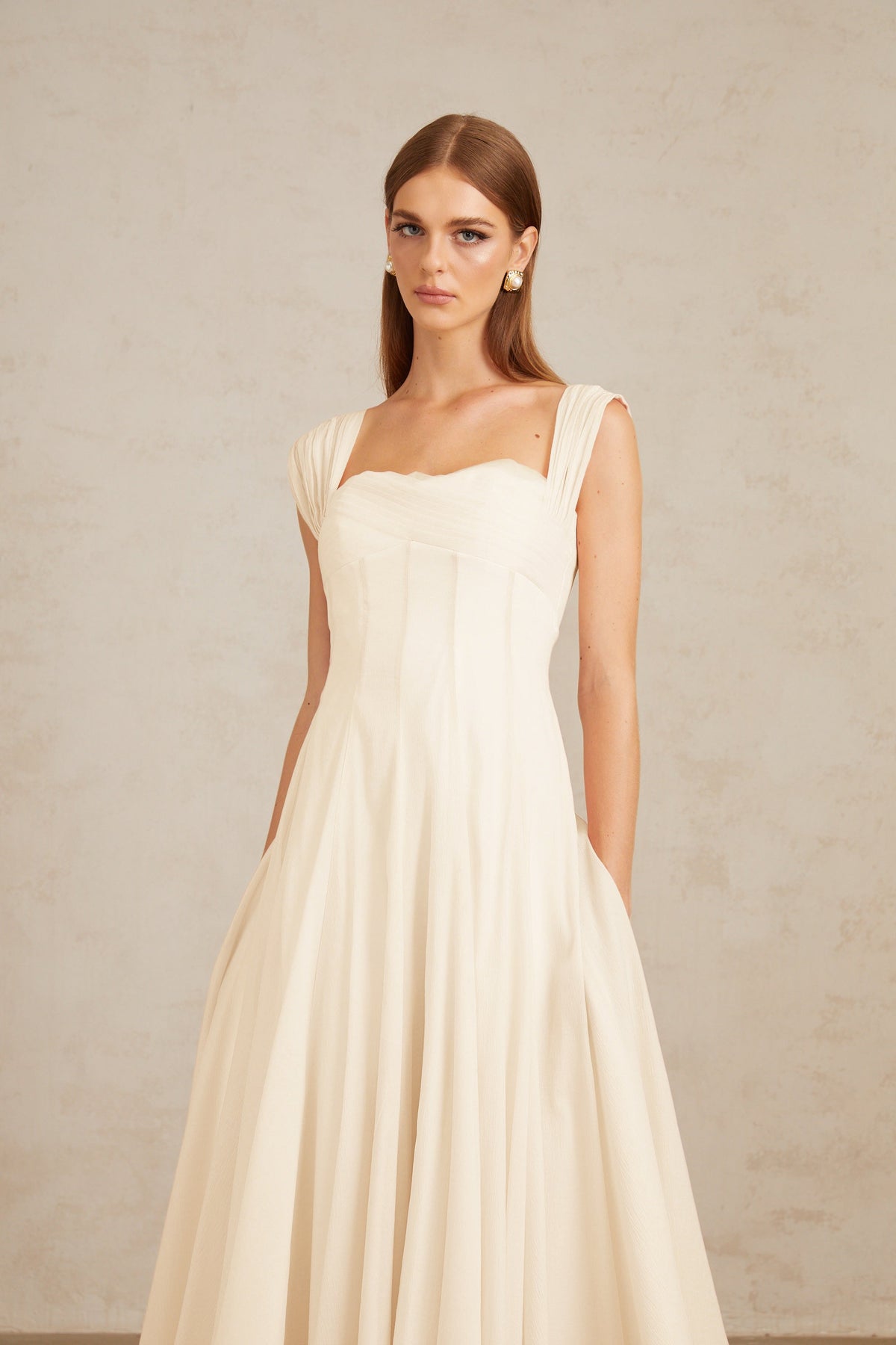 Érasme Cream White Flounced Midi dress