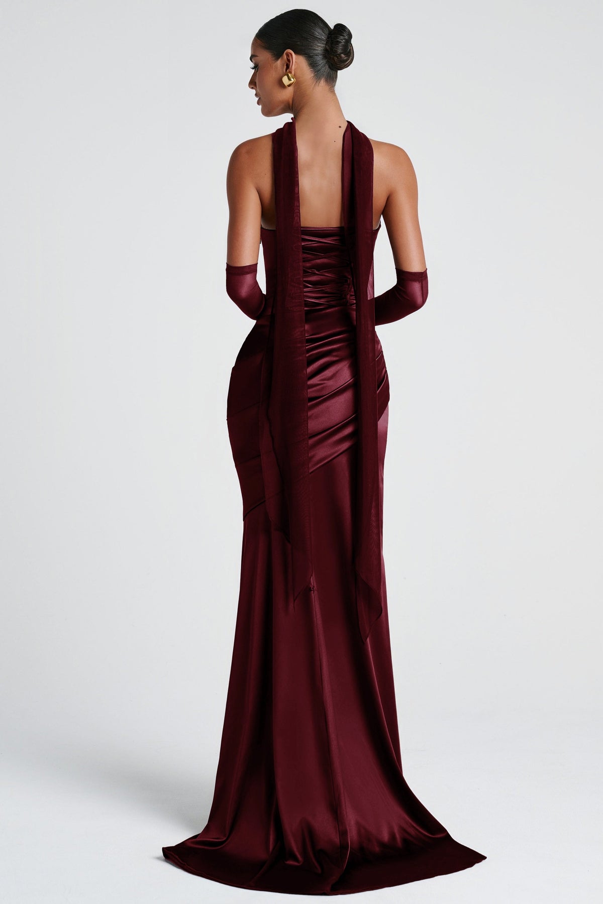 Marilou Burgundy Ruched Satin Maxi Dress