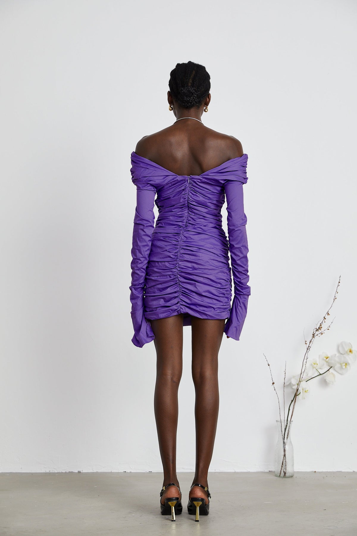 Apolline purple off-shoulder ruched mini dress (Final Sale-US Only)