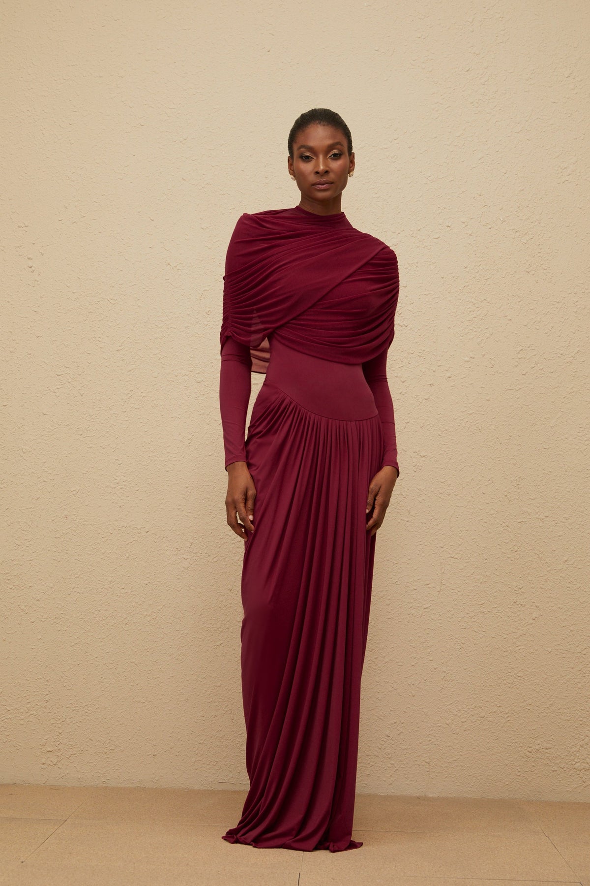 Catherine Red Asymmetrical Pleated Long-Sleeve Maxi Dress (Final Sale-US Only)