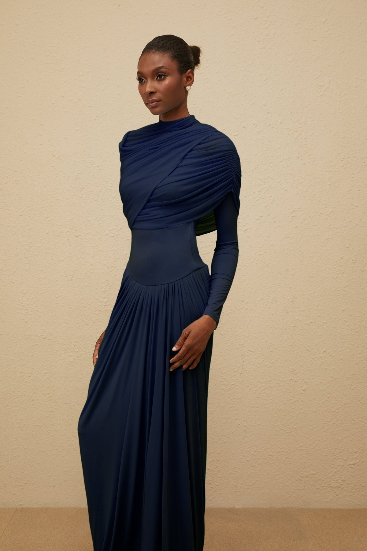 Catherine Navy-Blue Asymmetrical Pleated Long-Sleeve Maxi Dress (Final Sale-US Only)