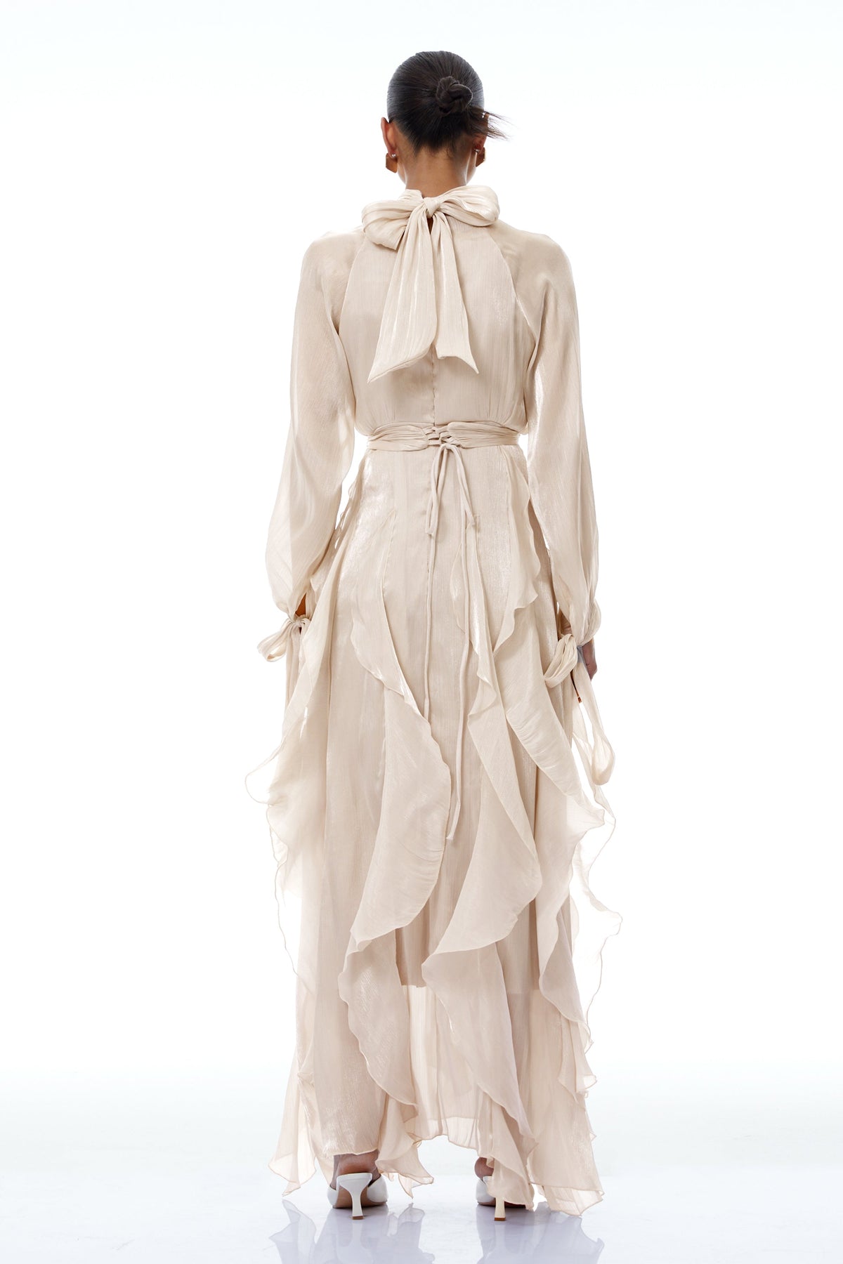 Zélie Neutral Glossy Pleated Ruffled Maxi dress (Final Sale-US Only)