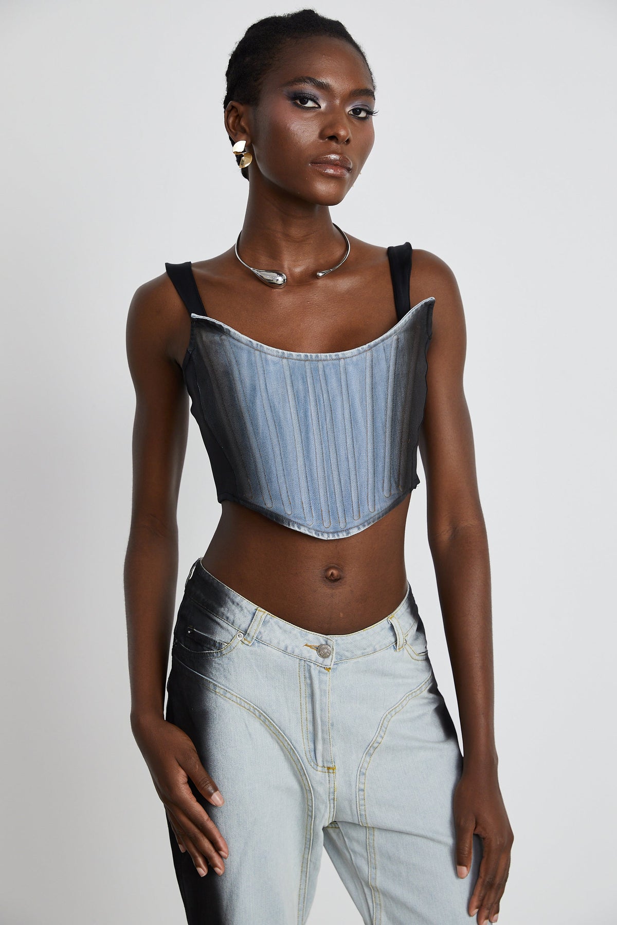 Manon two-tone denim cropped top