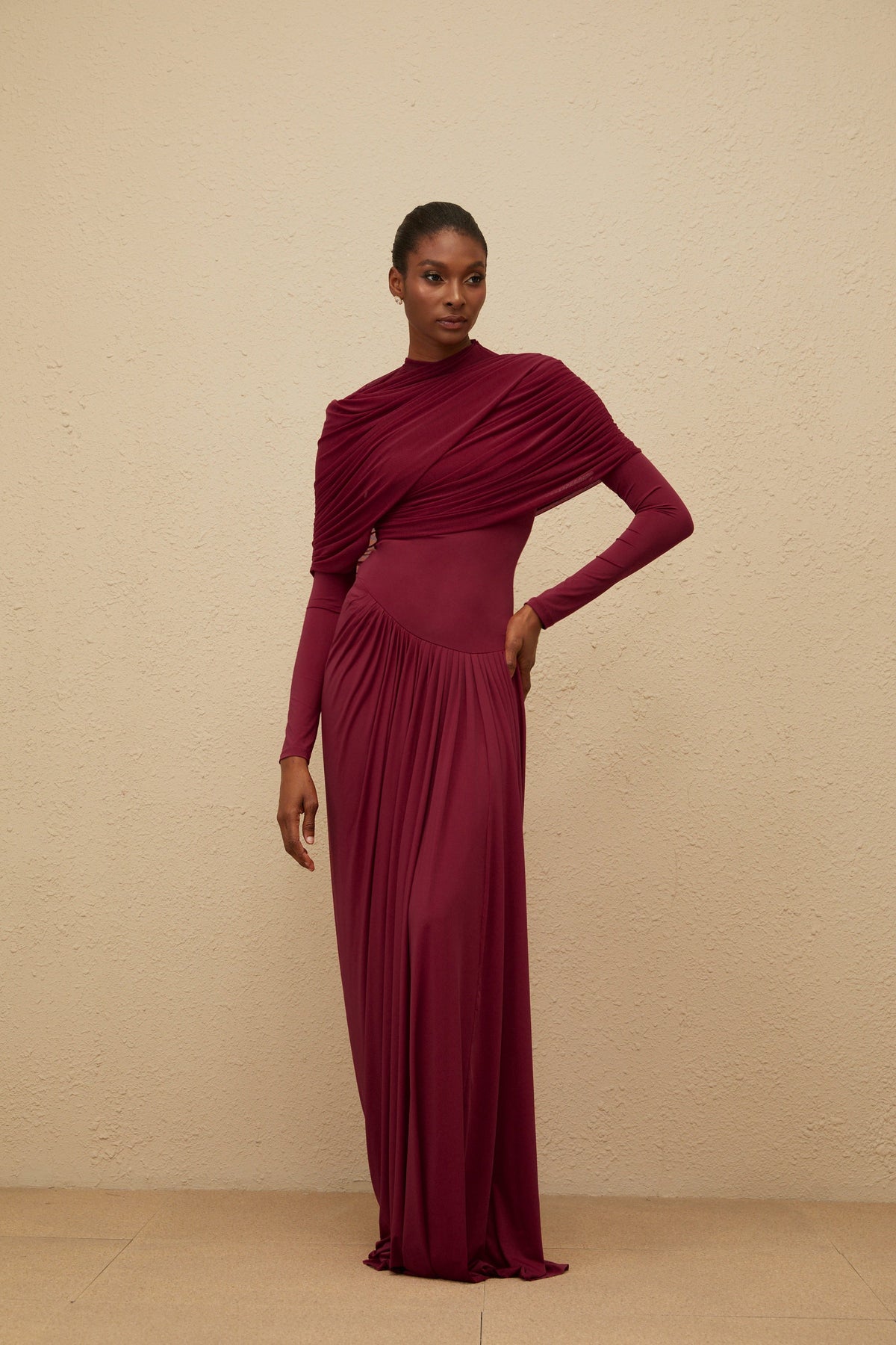 Catherine Red Asymmetrical Pleated Long-Sleeve Maxi Dress (Final Sale-US Only)