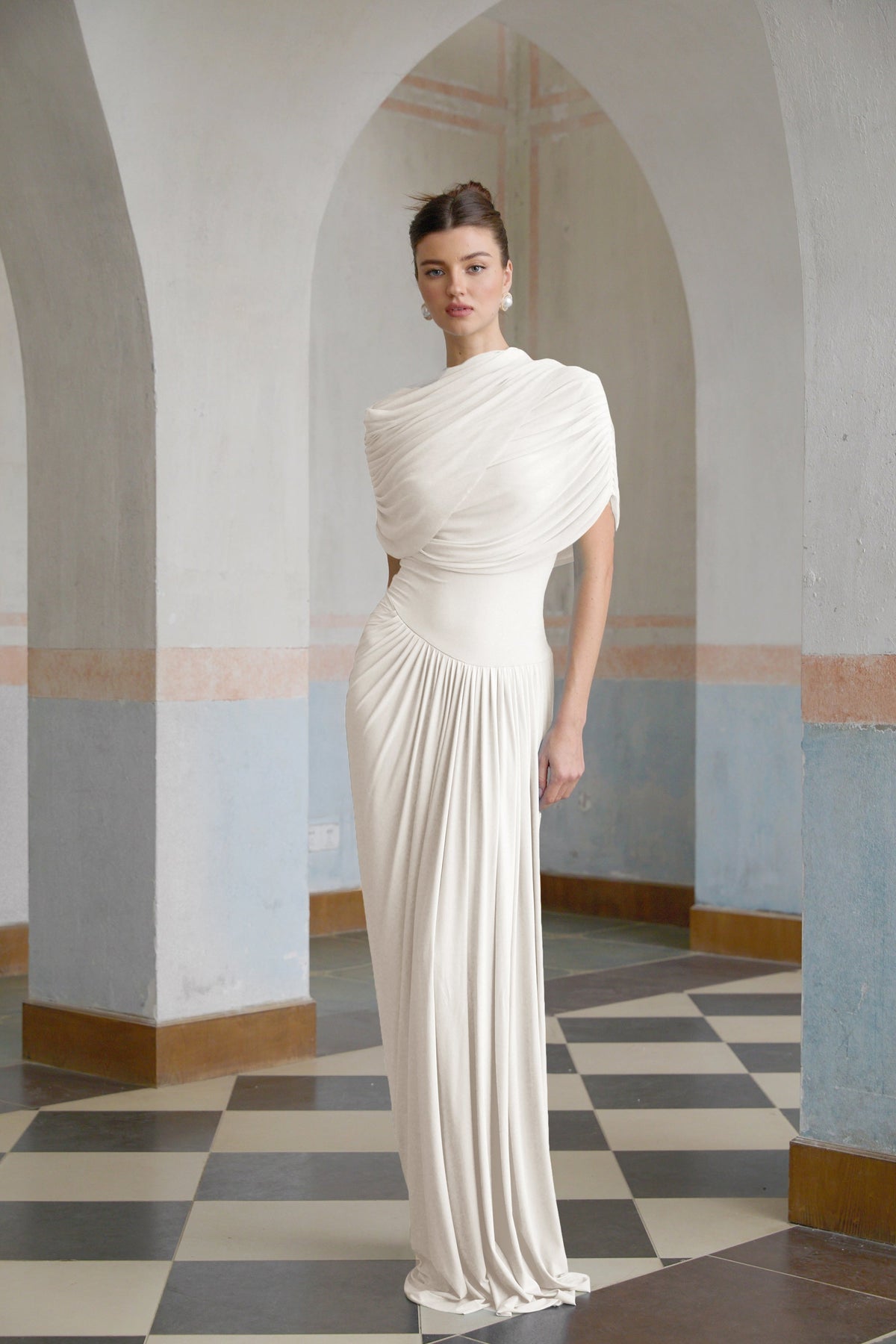Catherine asymmetrical pleated maxi dress in White