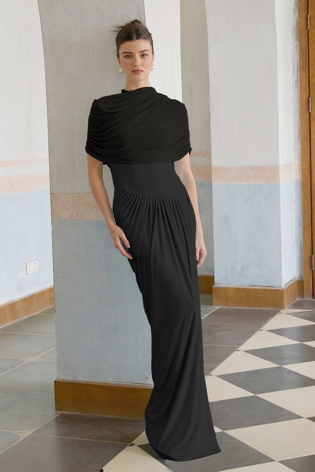 Catherine Black Asymmetrical Pleated Maxi Dress (Final Sale-US Only)