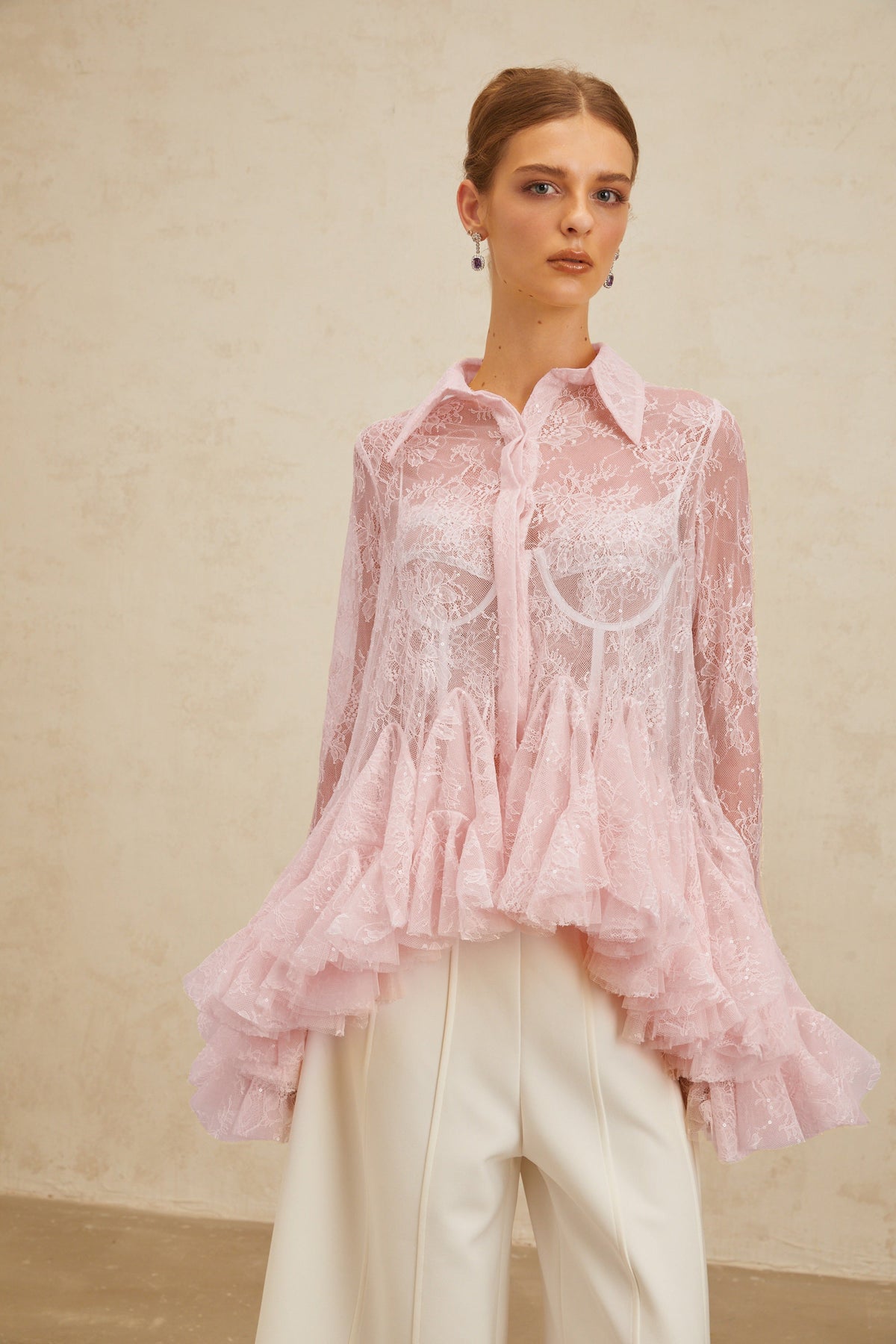 Ingrid Pink Peplum Floral Lace Blouse