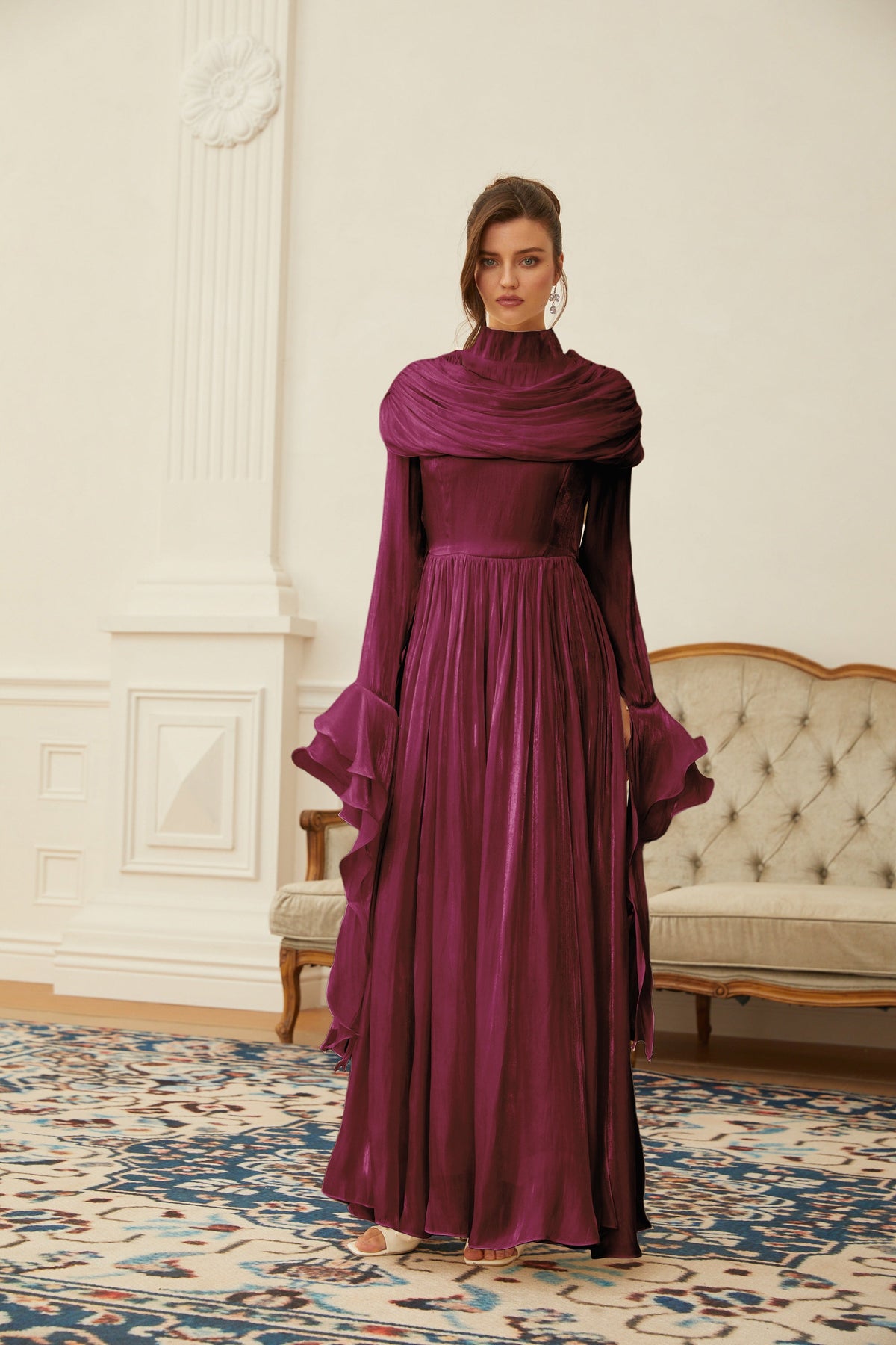 Danuta Burgundy Ruched Pleated Maxi Dress (Final Sale)