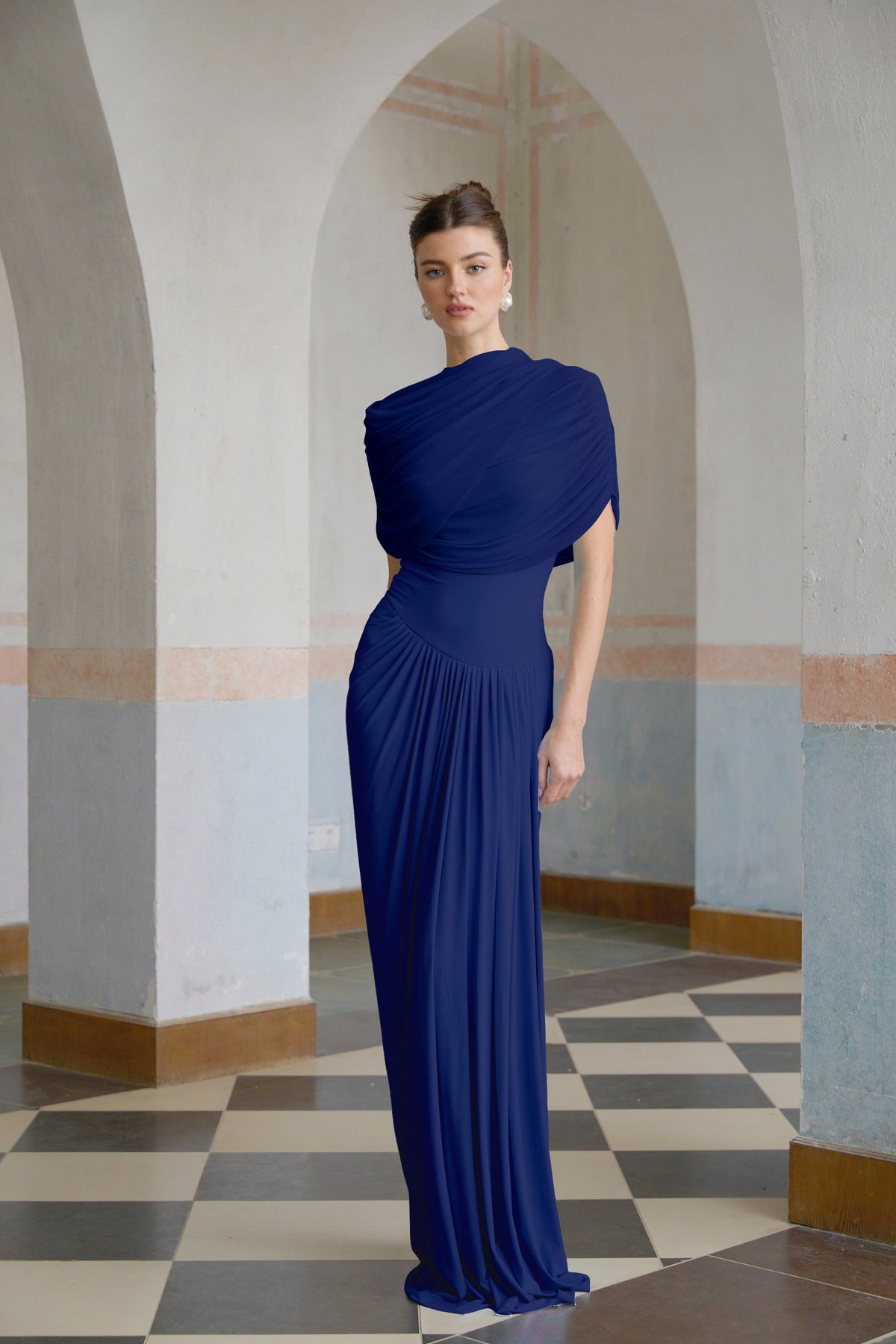 Catherine asymmetrical pleated maxi dress in Navy-blue