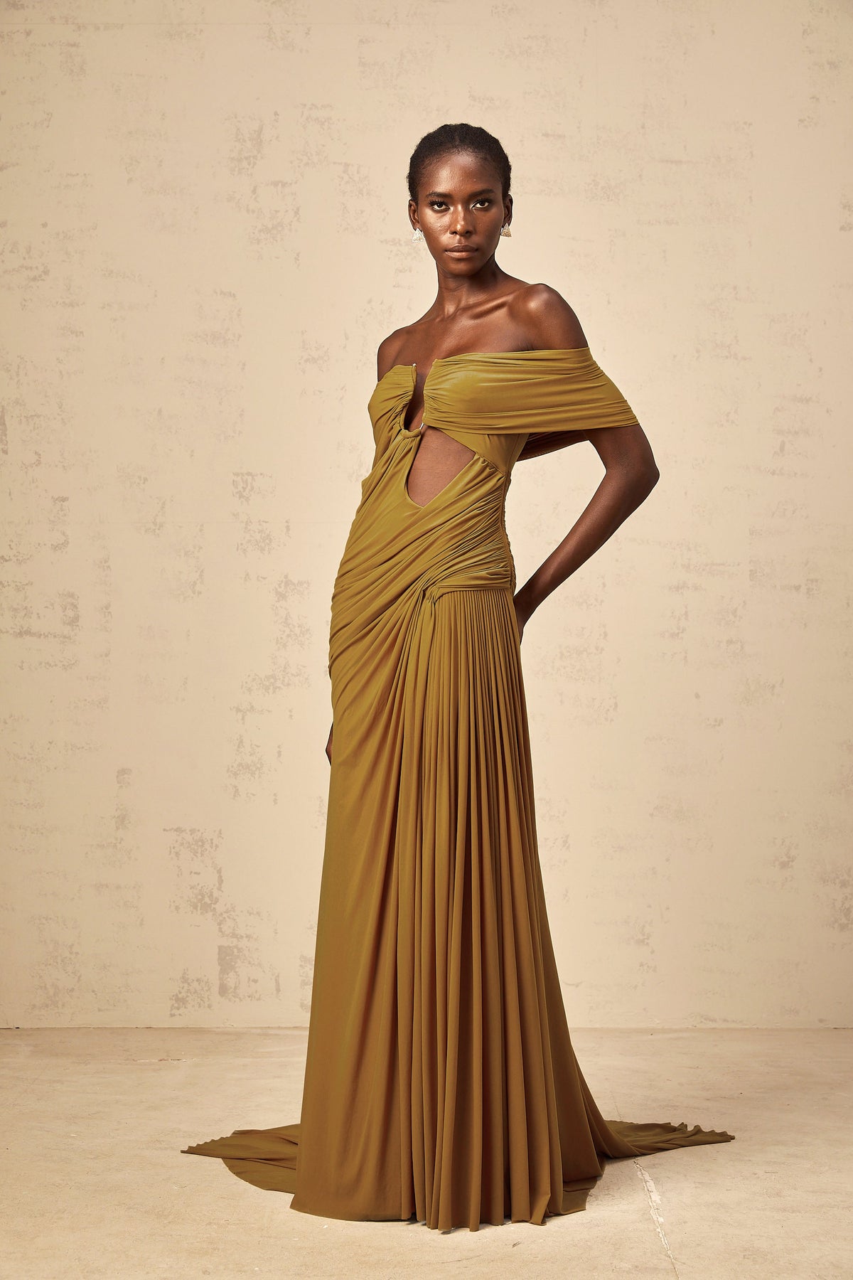 Ludivine ocher off-shoulder cut-out ruched maxi dress