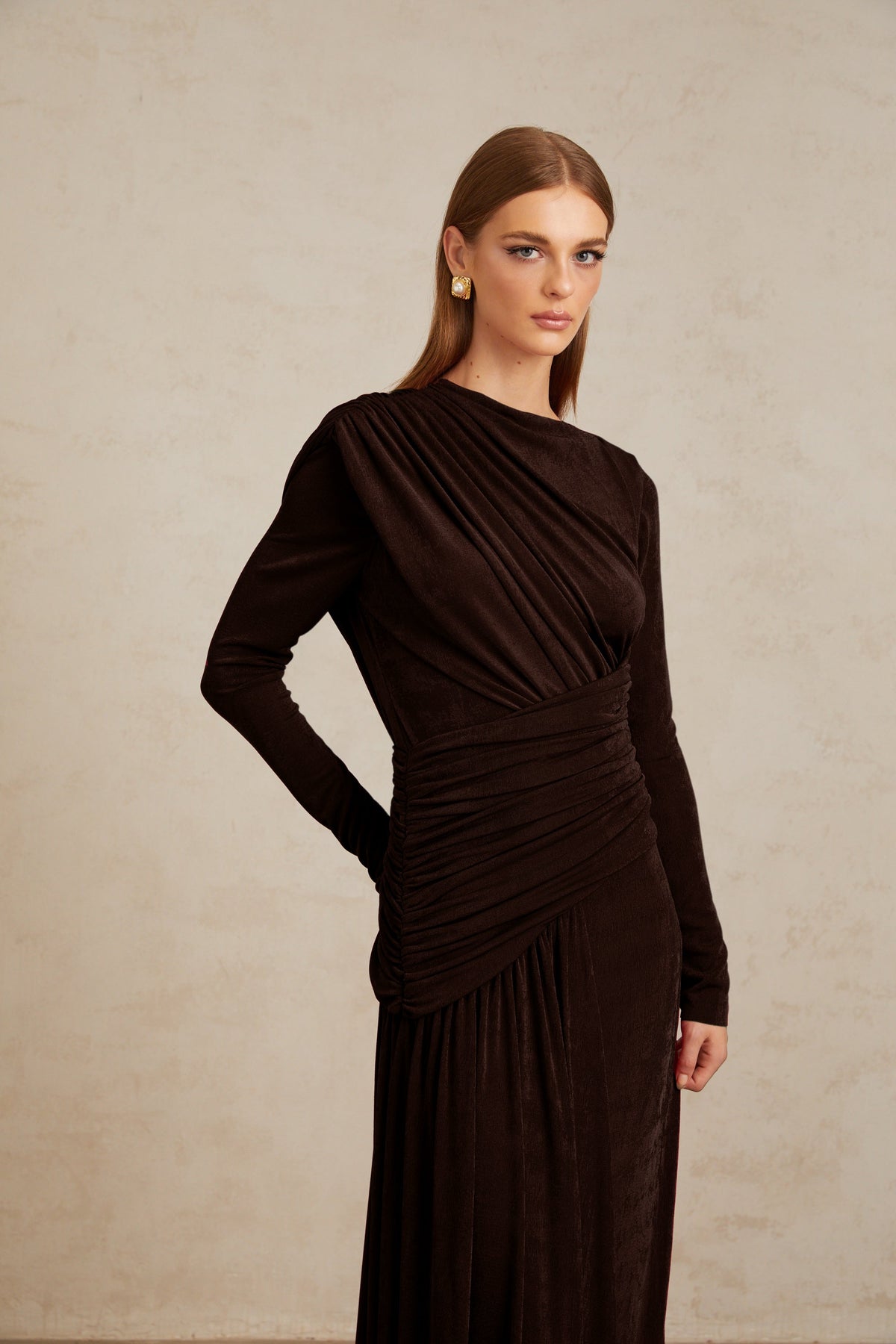 Charme Brown Ruched Maxi Dress