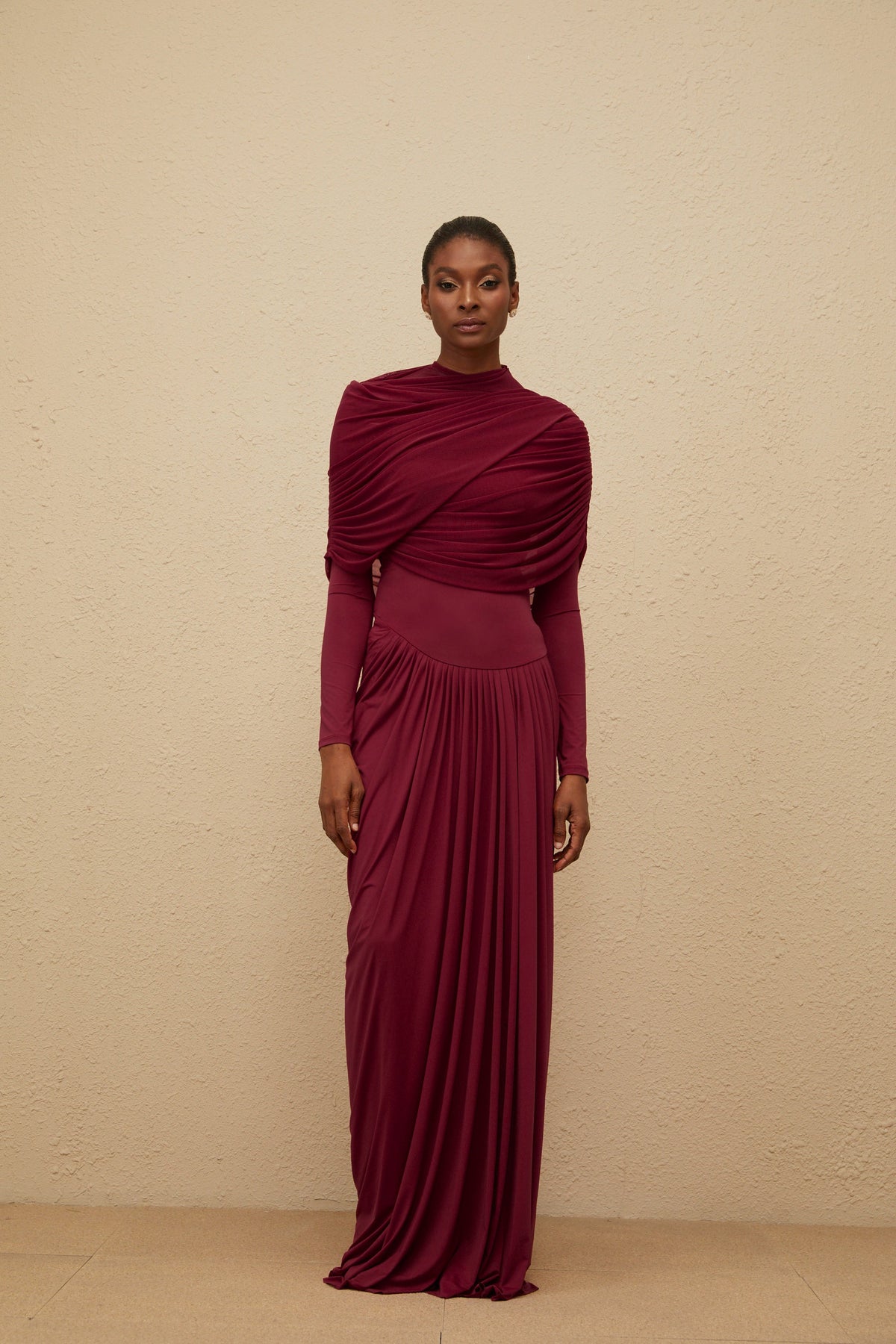 Catherine Red Asymmetrical Pleated Long-Sleeve Maxi Dress (Final Sale-US Only)