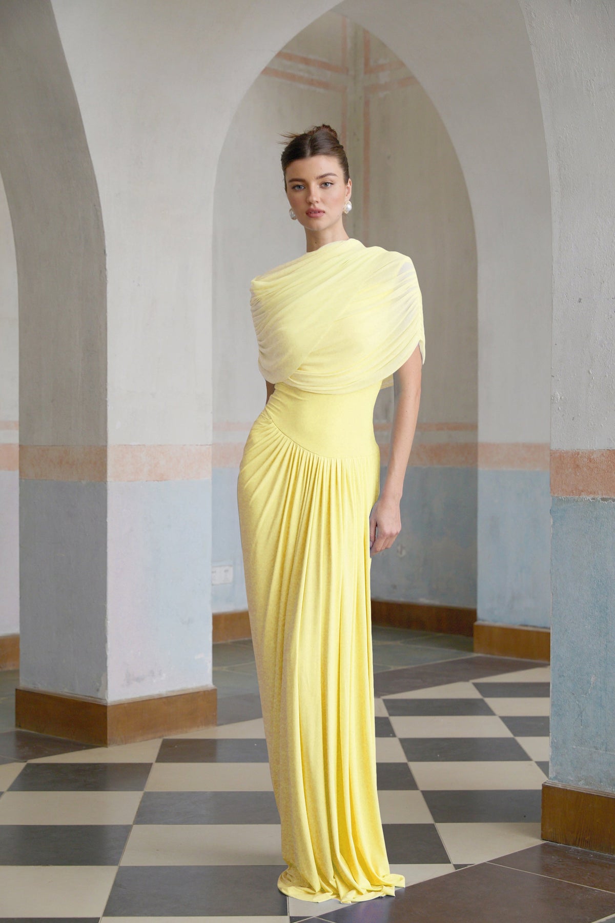 Catherine asymmetrical pleated maxi dress in Yellow
