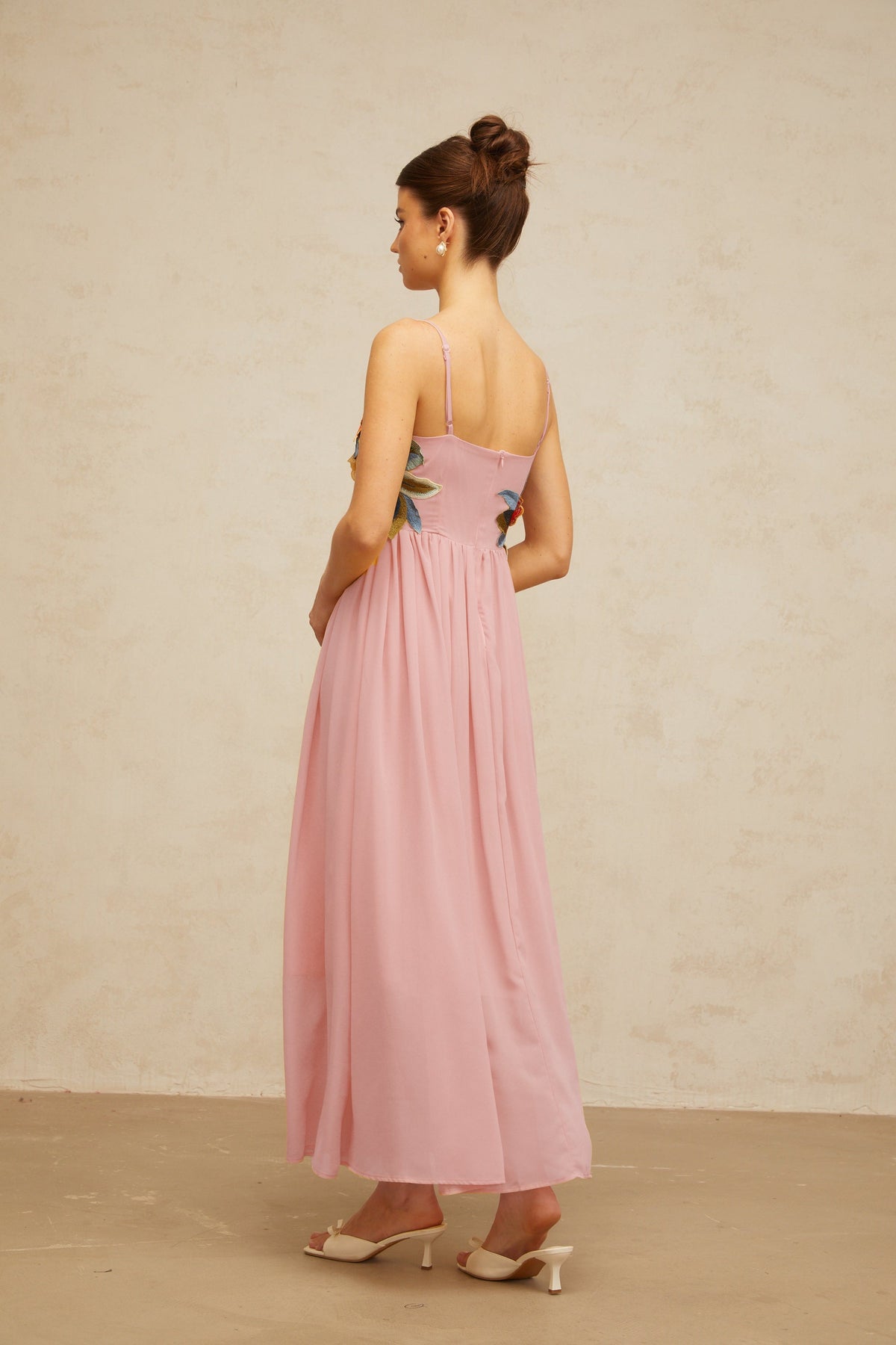 Josette floral-embroidered shirred maxi dress in Pink