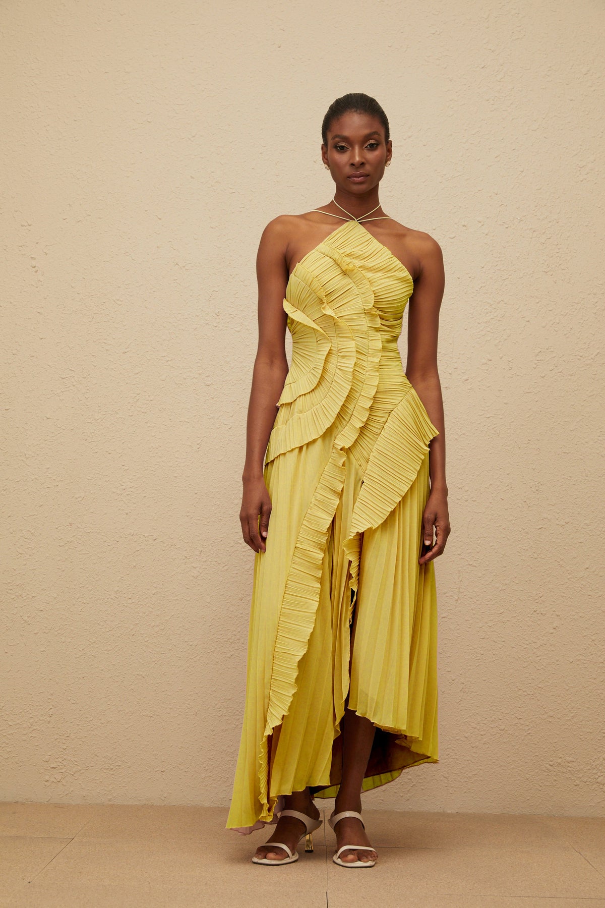 Doux Yellow Ruffled Trim Pleated Midi Dress (Final Sale-US Only)