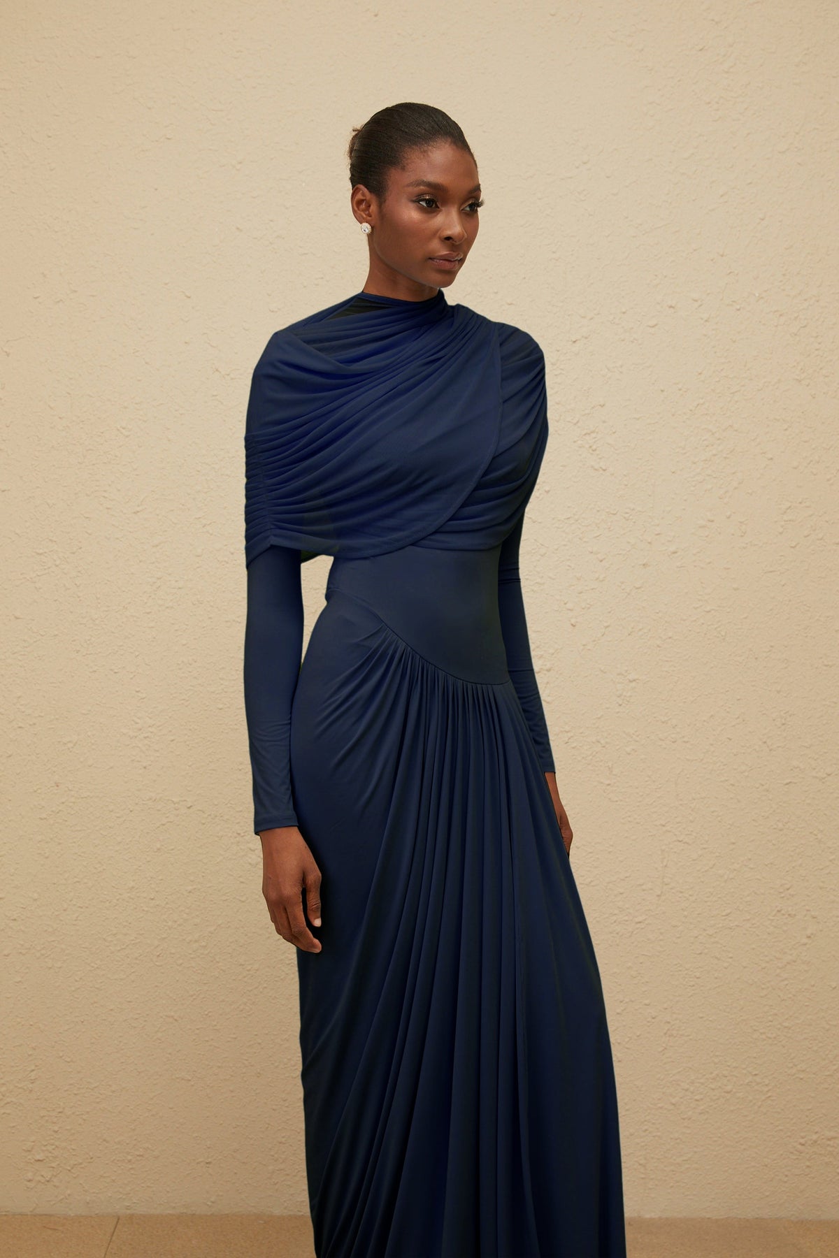 Catherine Navy-Blue Asymmetrical Pleated Long-Sleeve Maxi Dress (Final Sale-US Only)