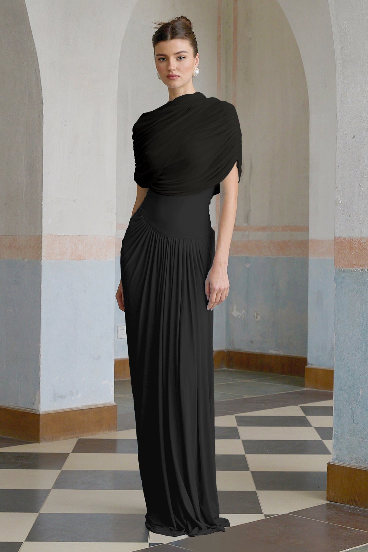 Catherine asymmetrical pleated maxi dress in Black