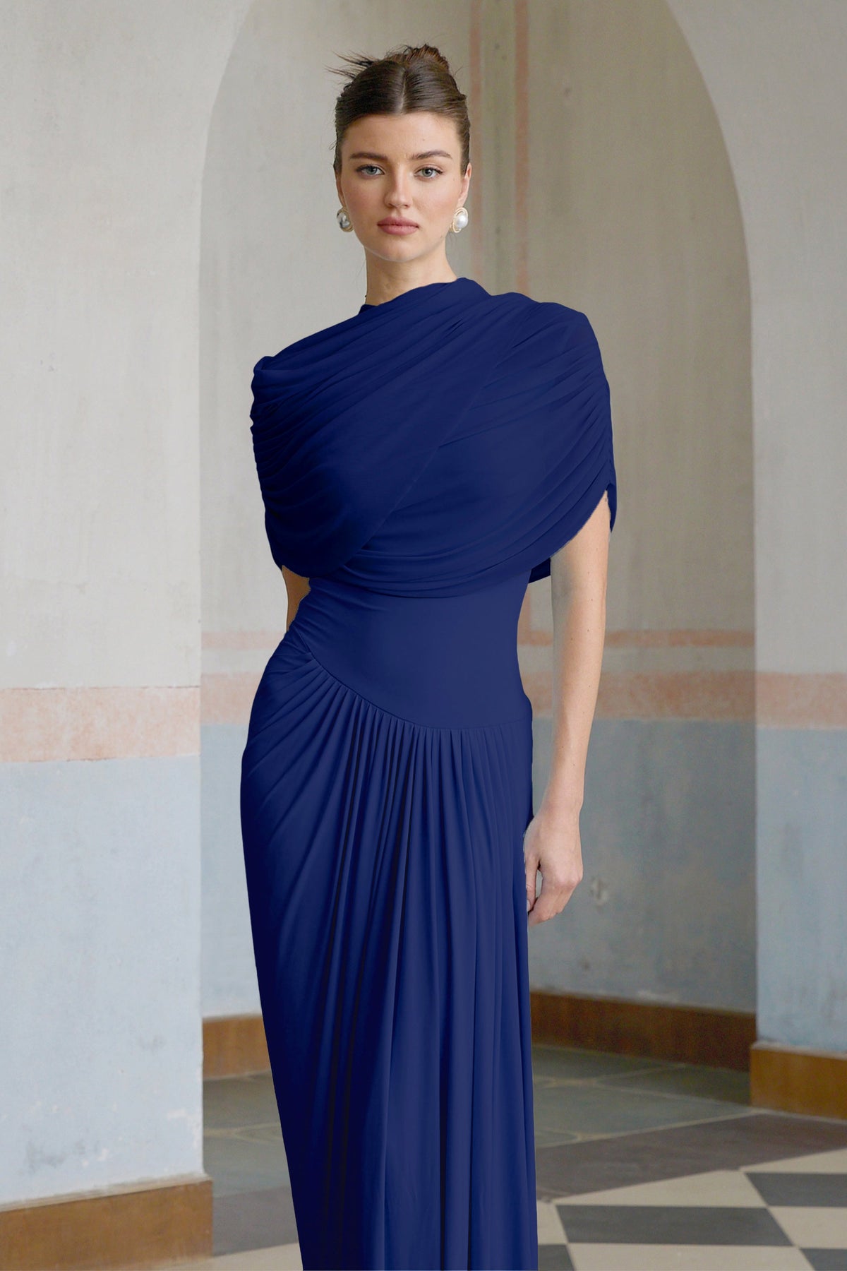 Catherine asymmetrical pleated maxi dress in Navy-blue