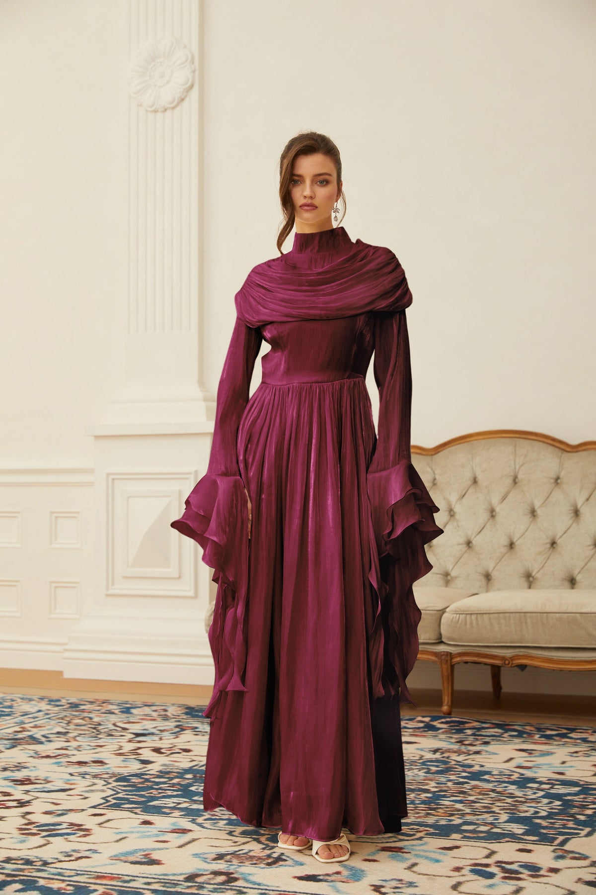 Danuta Burgundy Ruched Pleated Maxi Dress (Final Sale)