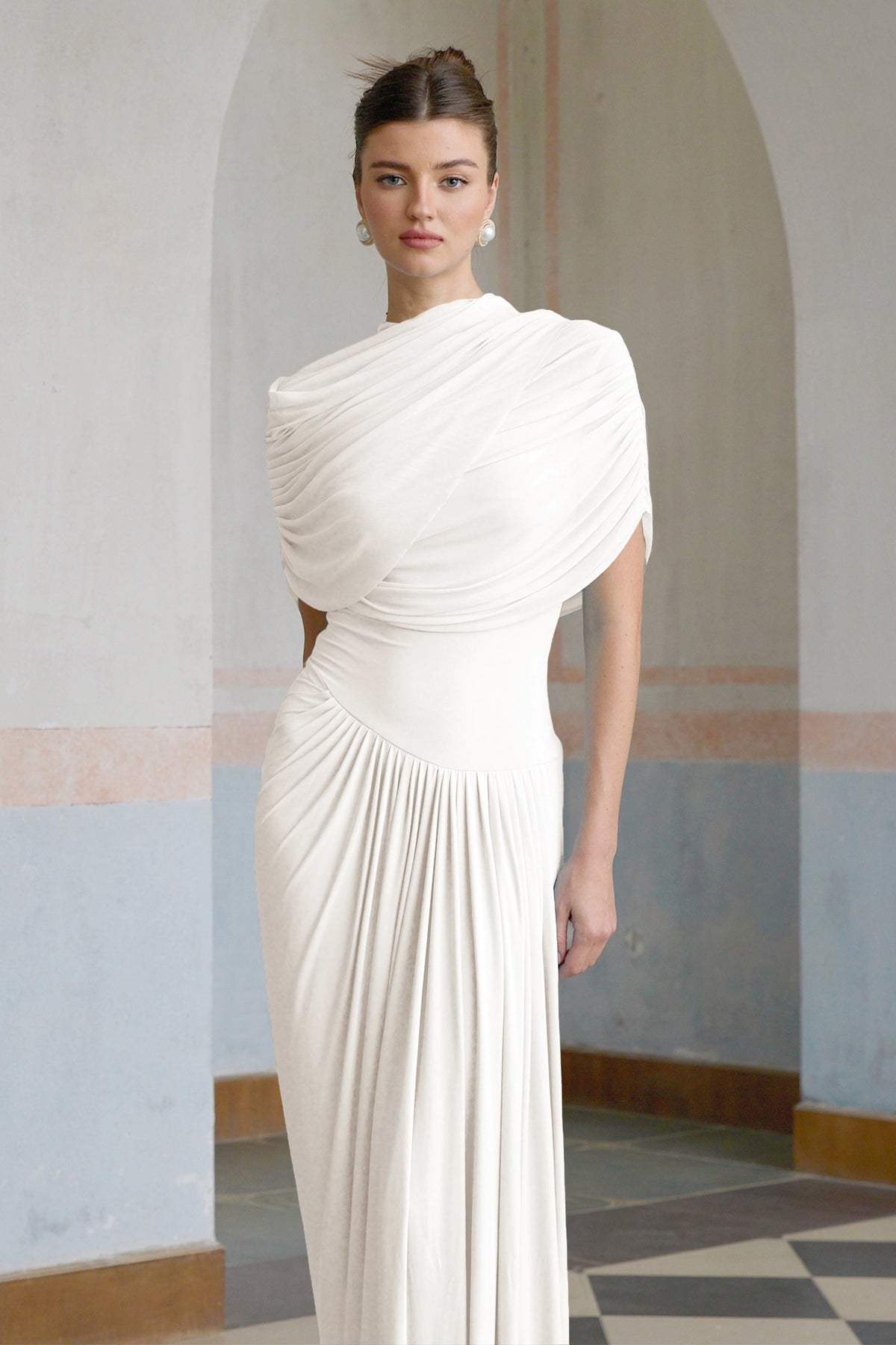 Catherine asymmetrical pleated maxi dress in White